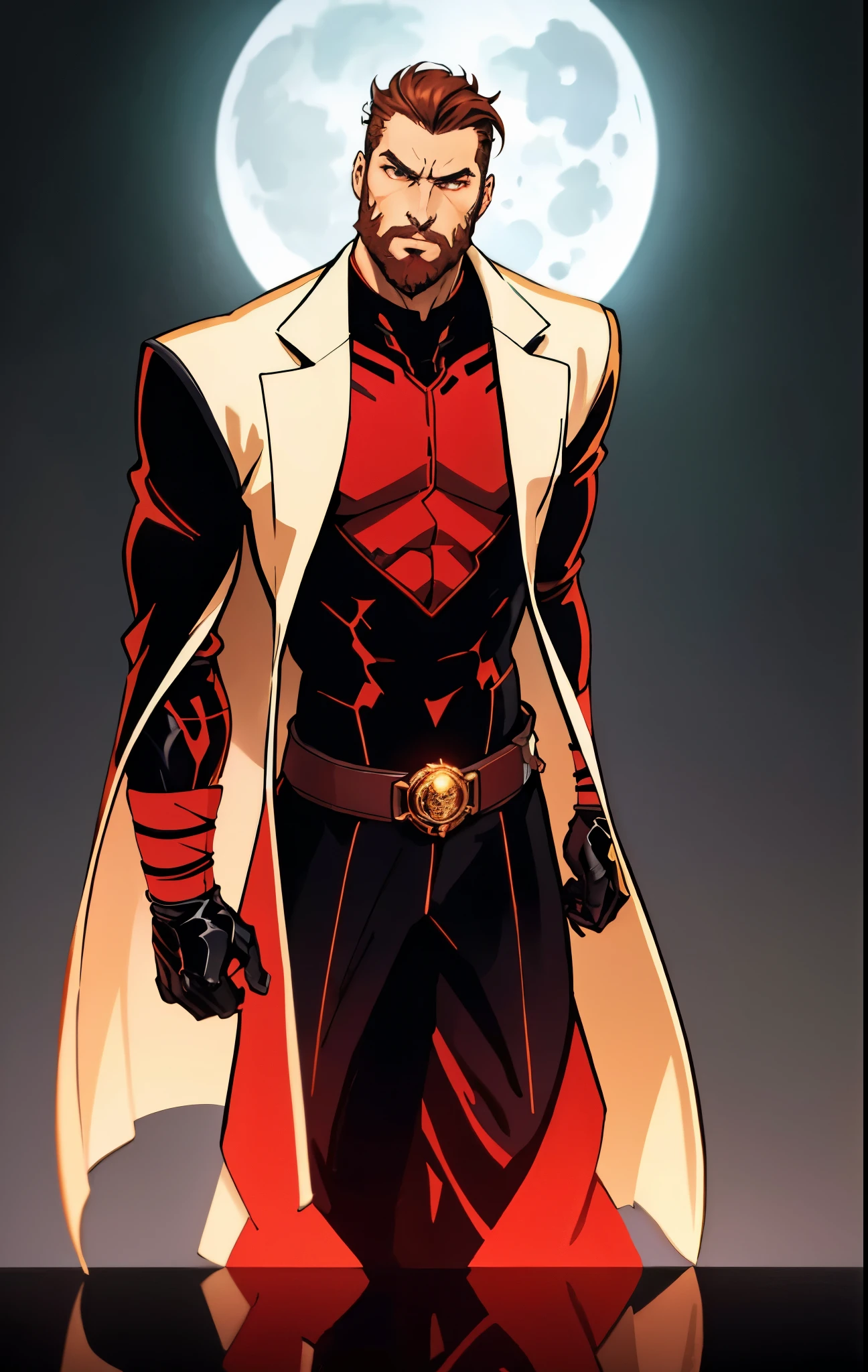 A 50-year-old man with slicked-back reddish-brown short hair, a large beard covering the lower half of his face, piercing eyes, handsome features, an open dark red fantasy martial arts-style robe coat, flowing short sleeves, a black and white undershirt, matching cloth trousers, a metal belt buckle, he exudes a dark red aura of death, strides down a desolate and silent moonlit street, this character embodies a finely crafted fantasy martial arts-style overlord in anime style, exquisite and mature manga art style, dramatic, high definition, best quality, highres, ultra-detailed, ultra-fine painting, extremely delicate, professional, perfect body proportions, golden ratio, anatomically correct, symmetrical face, extremely detailed eyes and face, high quality eyes, creativity, RAW photo, UHD, 32k, Natural light, cinematic lighting, masterpiece-anatomy-perfect, masterpiece:1.5