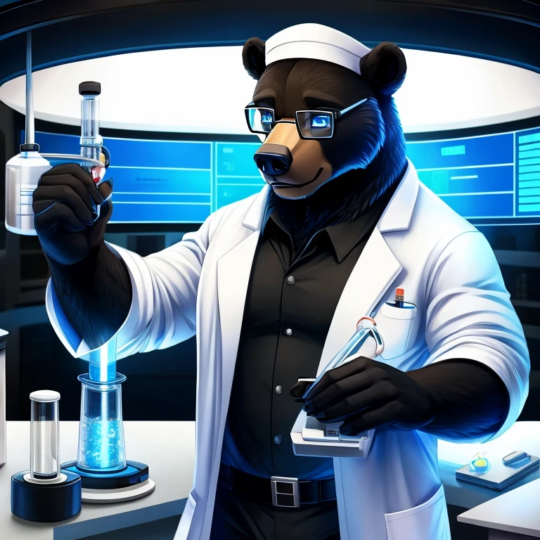 anthro, black bear, labcoat, advanced tech, scientist, blue eyes, advanced glasses, creating, device