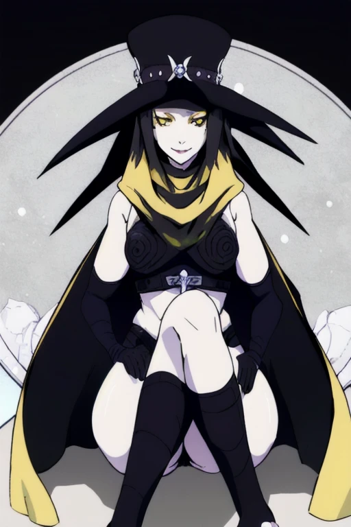 Scathach, girl1, solo, hat cape, smile, yellow eyes, white skin, cape, shin megami tensei, gloves, black shirt, black socks, sitting ,park (masterpiece, best quality:1.2)
