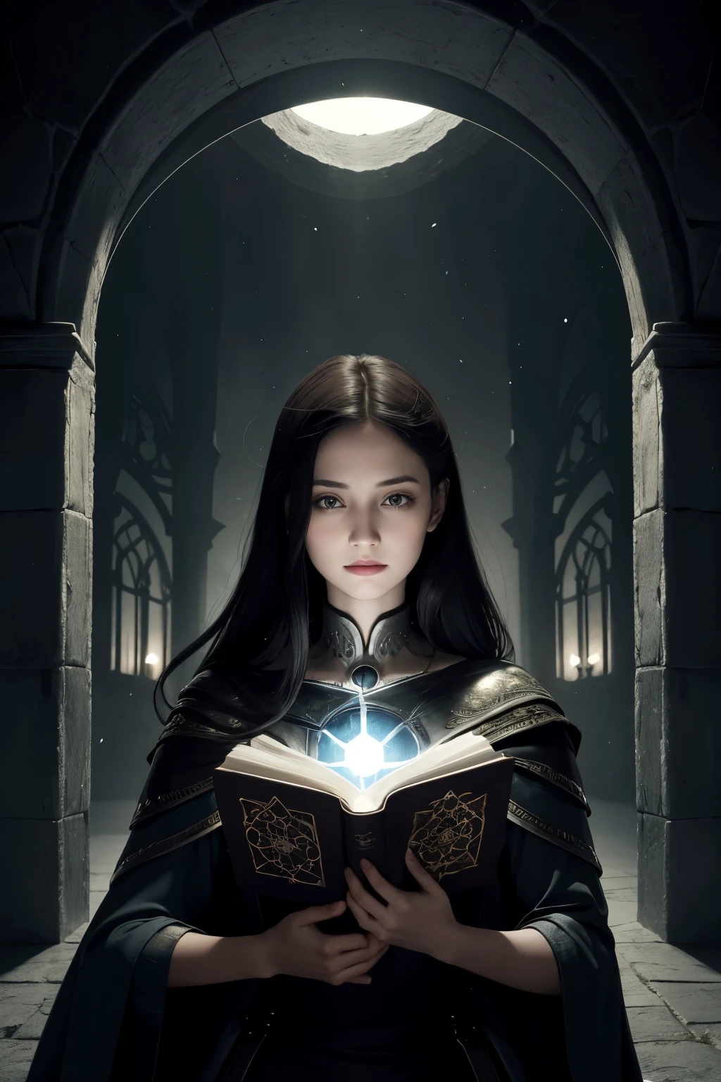 Create a book cover (somewhat dark) where a woman finds a portal in the form of a book, and she and her cat are taken to another world of magic, but medieval and at war.