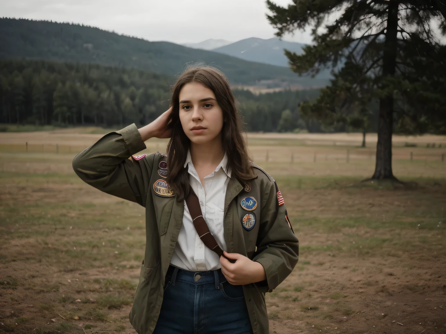 a young caucasian female disguised as a boy scout, saluting the american flag during the pledge of allegiance, a blurred male figure playing a bugle in the background, a field, treeline of pacific northwestern forest in background (best quality,4k,8k,highres,masterpiece:1.2),ultra-detailed,(realistic,photorealistic,photo-realistic:1.37),cinematic lighting,dramatic colors,cinematic composition,intricate details,expressive pose,emotional expression,dramatic atmosphere,cinematic perspective, hyperrealistic