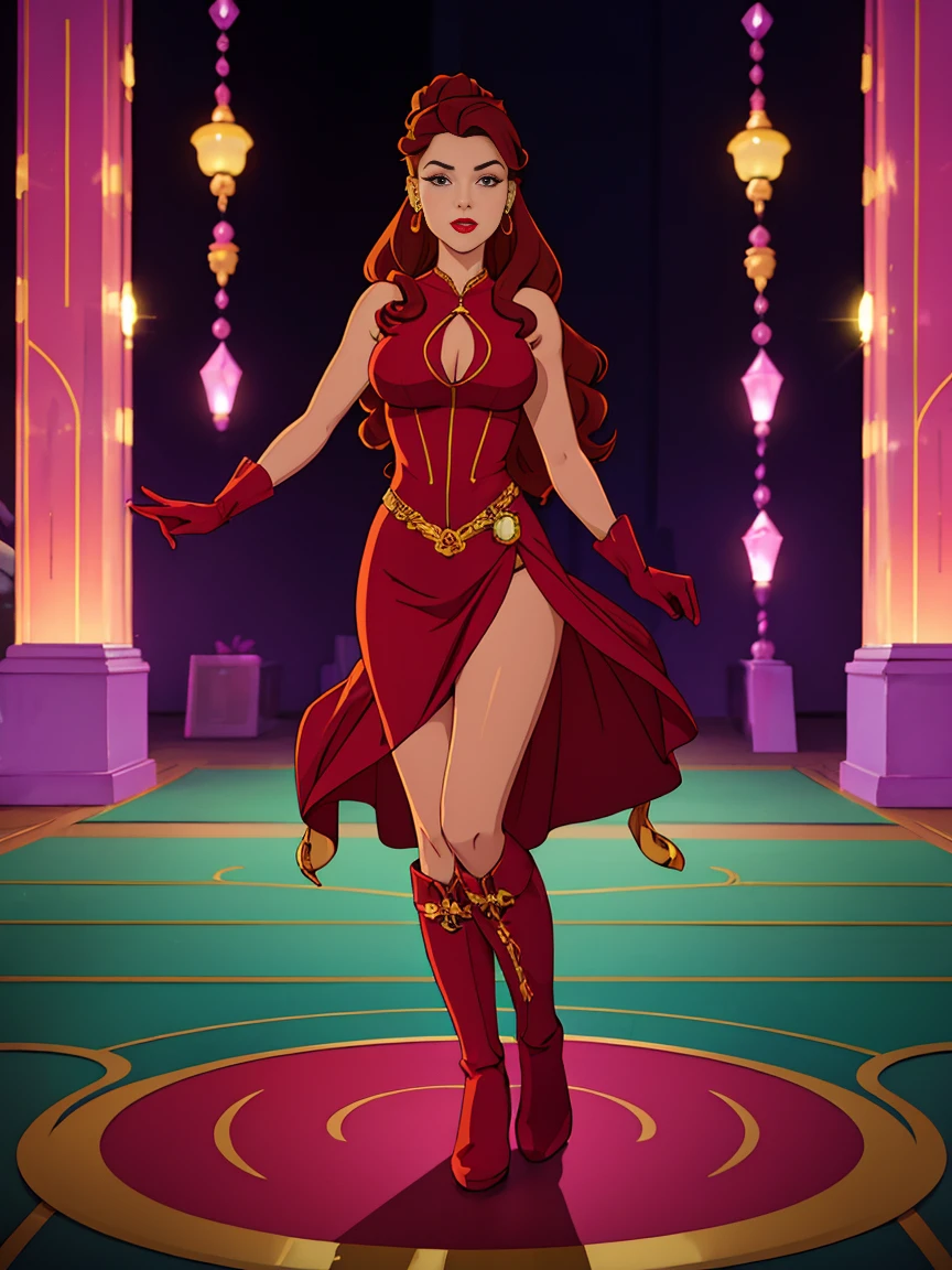 (((full body photo))) masterpiece, Best quality, Woman, Long wavy hair, pierced hairstyle, Bright lipstick, Decorations, in a long tight dress, wearing long gloves, with high boots, Heroine pose
