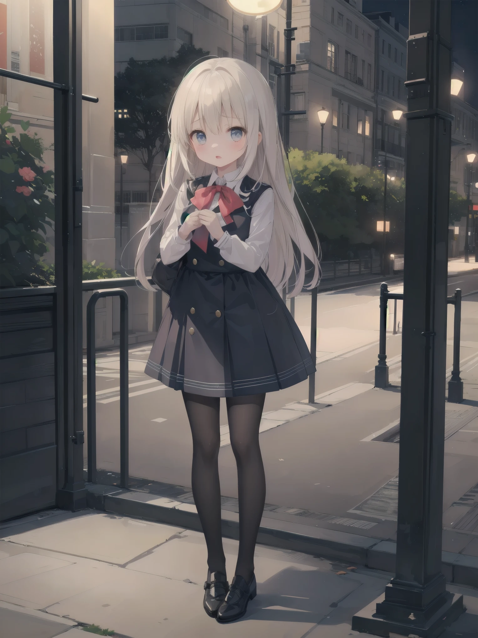 Masterpiece、high quality、high resolution、One girl、solo、uniform, Surprised expression, Standing in the park, At night,Half-body photo, Super detailed, Ultra HD、cute、A shy and shy pose、Capture your subjects at their best with photogravure settings
