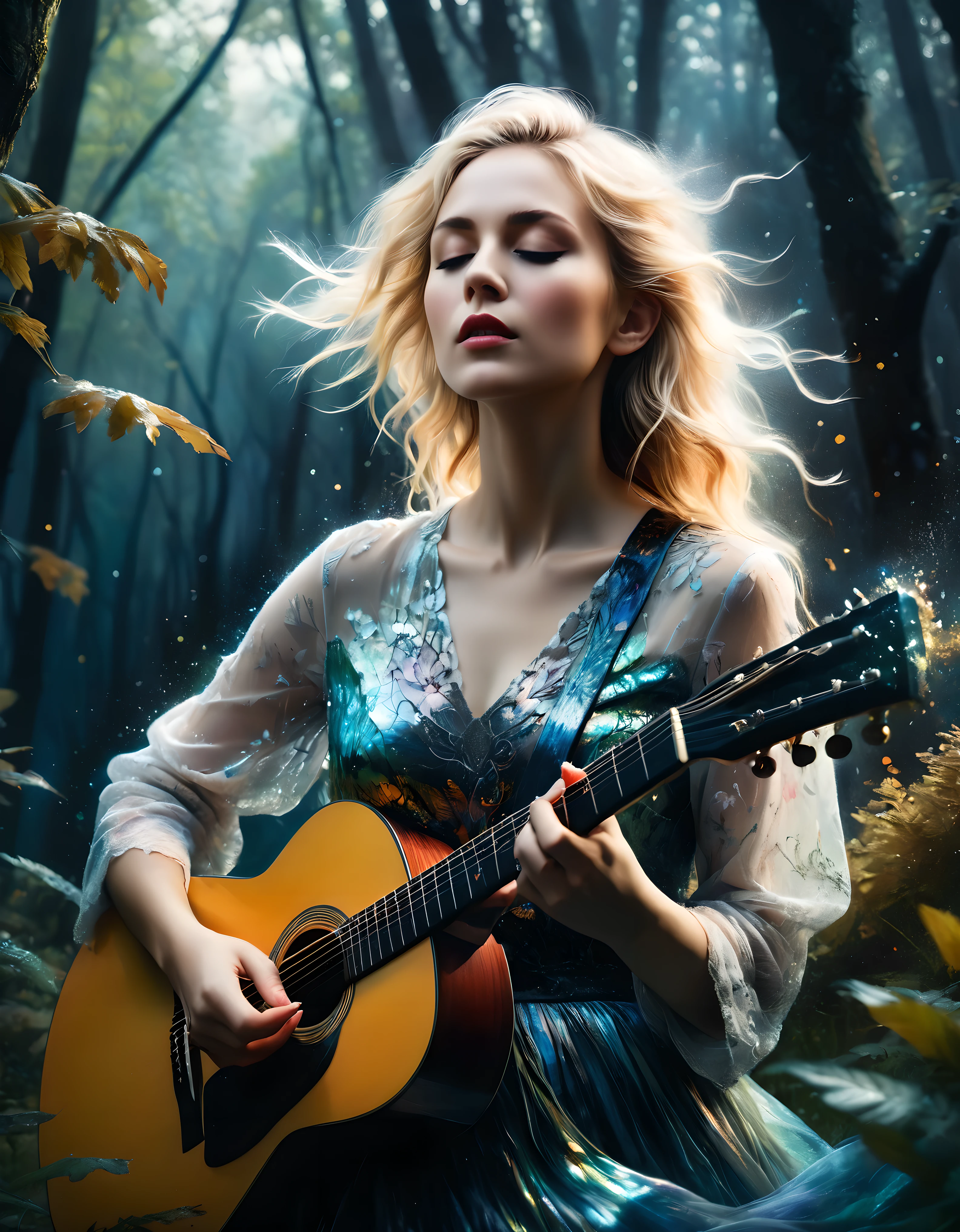 ((Masterpiece in maximum 16K resolution):1.6),((soft_color_photograpy:)1.5), ((Ultra-Detailed):1.4),((Movie-like still images and dynamic angles):1.3) | ((double contact):1.3), ((Beautiful Blonde Female Musician silhoutte effect):1.2), ((Superimposed on Pretty Female):1.1)《dark forest sky》Agnes Cecile, Jeremy Mann, Oil and ink on canvas, fine dark art, super dramatic light, photoillustration, amazing depth, the ultra-detailed, iridescent black, superfluous dreams, intricately details, amazing depth, Amazing atmosphere, Mesmerizing whimsical vibrant landscapes, ((Female musician playing guitar):1.5), Maximalism ((beautiful outside, Ugly inside, pressure and pain, beauty and despair, hard and soft, positive and negative, hot and cold, Sweet and sour, Vibrant but boring, Perfect harmony, light and shadows, old and young, Black and white, Corresponding color, loud and quiet, Chaos and peace, life and death):1.2) The complex masterpiece of a real-time engineering leader. | Rendered in ultra-high definition with UHD and retina quality, this masterpiece ensures anatomical correctness and textured skin with super detail. With a focus on high quality and accuracy, this award-winning portrayal captures every nuance in stunning 16k resolution, immersing viewers in its lifelike depiction. | ((perfect_composition, perfect_design, perfect_layout, perfect_detail, ultra_detailed)), ((enhance_all, fix_everything)), More Detail, Enhance.