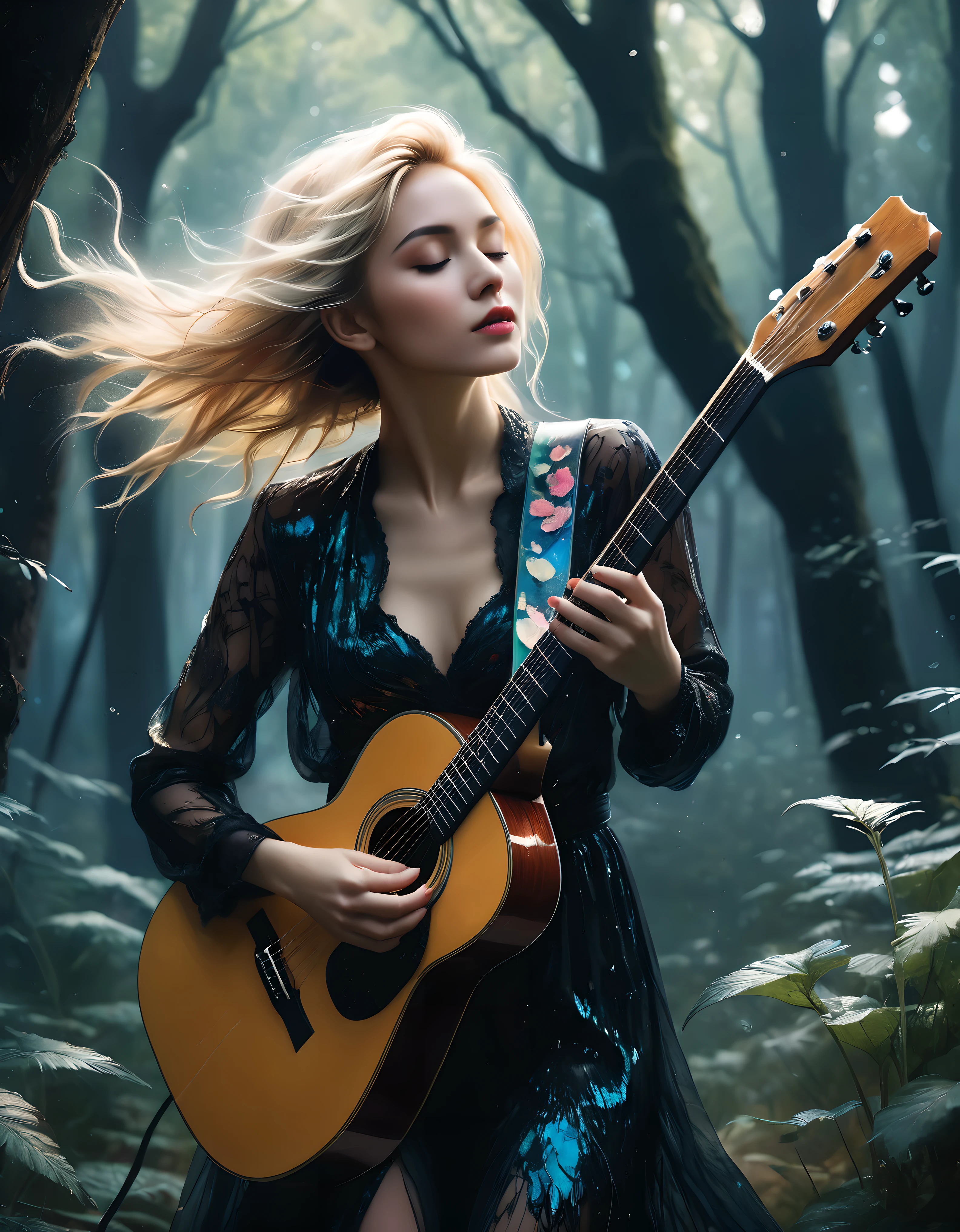 ((Masterpiece in maximum 16K resolution):1.6),((soft_color_photograpy:)1.5), ((Ultra-Detailed):1.4),((Movie-like still images and dynamic angles):1.3) | ((double contact):1.3), ((Beautiful Blonde Female Musician silhoutte effect):1.2), ((Superimposed on Pretty Female):1.1)《dark forest sky》Agnes Cecile, Jeremy Mann, Oil and ink on canvas, fine dark art, super dramatic light, photoillustration, amazing depth, the ultra-detailed, iridescent black, superfluous dreams, intricately details, amazing depth, Amazing atmosphere, Mesmerizing whimsical vibrant landscapes, ((Female musician playing guitar):1.5), Maximalism ((beautiful outside, Ugly inside, pressure and pain, beauty and despair, hard and soft, positive and negative, hot and cold, Sweet and sour, Vibrant but boring, Perfect harmony, light and shadows, old and young, Black and white, Corresponding color, loud and quiet, Chaos and peace, life and death):1.2) The complex masterpiece of a real-time engineering leader. | Rendered in ultra-high definition with UHD and retina quality, this masterpiece ensures anatomical correctness and textured skin with super detail. With a focus on high quality and accuracy, this award-winning portrayal captures every nuance in stunning 16k resolution, immersing viewers in its lifelike depiction. | ((perfect_composition, perfect_design, perfect_layout, perfect_detail, ultra_detailed)), ((enhance_all, fix_everything)), More Detail, Enhance.