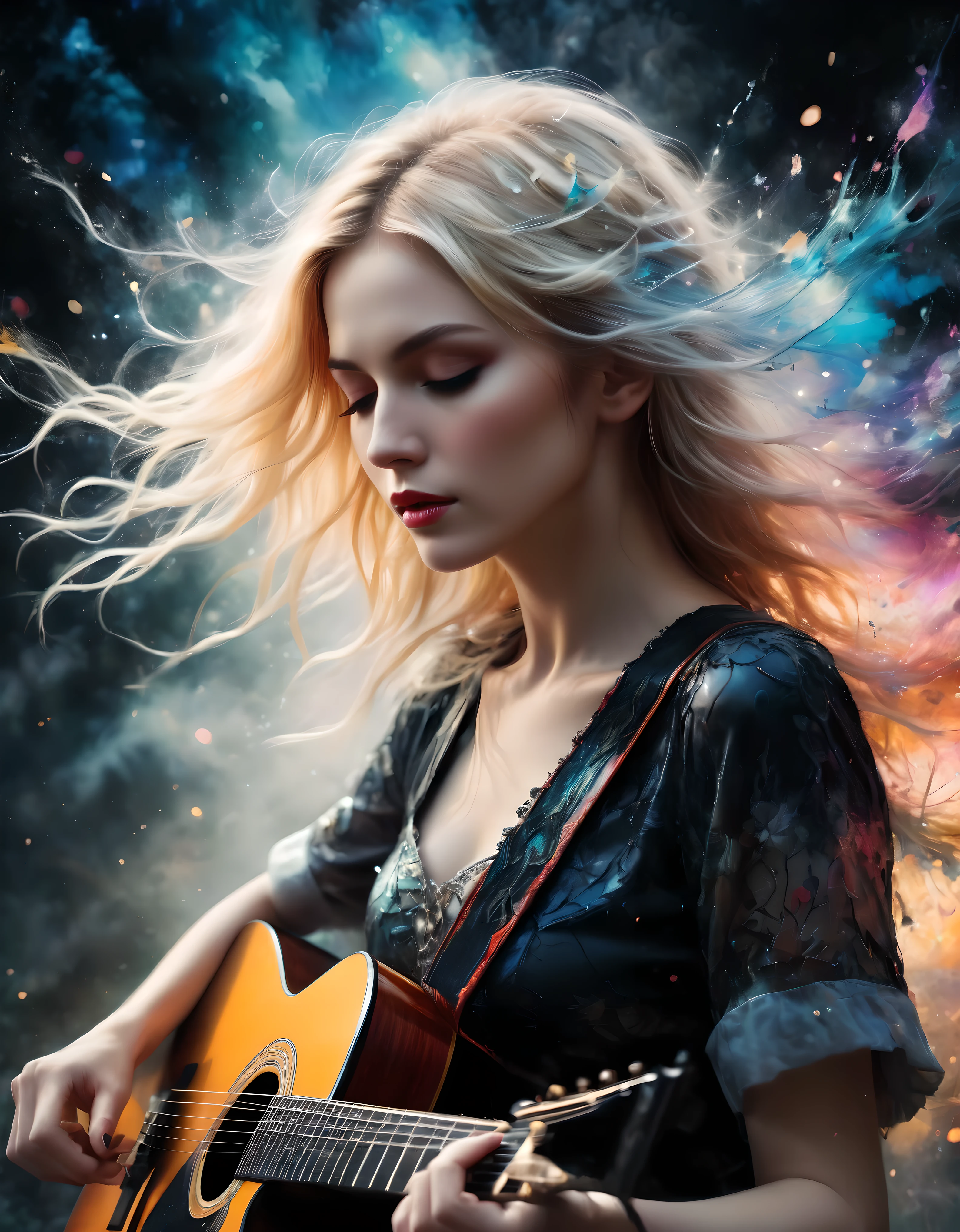 ((Masterpiece in maximum 16K resolution):1.6),((soft_color_photograpy:)1.5), ((Ultra-Detailed):1.4),((Movie-like still images and dynamic angles):1.3) | ((double contact):1.3), ((Beautiful Blonde Female Musician silhoutte effect):1.2), ((Superimposed on Pretty Female):1.1)《dark forest sky》Agnes Cecile, Jeremy Mann, Oil and ink on canvas, fine dark art, super dramatic light, photoillustration, amazing depth, the ultra-detailed, iridescent black, superfluous dreams, intricately details, amazing depth, Amazing atmosphere, Mesmerizing whimsical vibrant landscapes, ((Female musician playing guitar):1.5), Maximalism ((beautiful outside, Ugly inside, pressure and pain, beauty and despair, hard and soft, positive and negative, hot and cold, Sweet and sour, Vibrant but boring, Perfect harmony, light and shadows, old and young, Black and white, Corresponding color, loud and quiet, Chaos and peace, life and death):1.2) The complex masterpiece of a real-time engineering leader. | Rendered in ultra-high definition with UHD and retina quality, this masterpiece ensures anatomical correctness and textured skin with super detail. With a focus on high quality and accuracy, this award-winning portrayal captures every nuance in stunning 16k resolution, immersing viewers in its lifelike depiction. | ((perfect_composition, perfect_design, perfect_layout, perfect_detail, ultra_detailed)), ((enhance_all, fix_everything)), More Detail, Enhance.