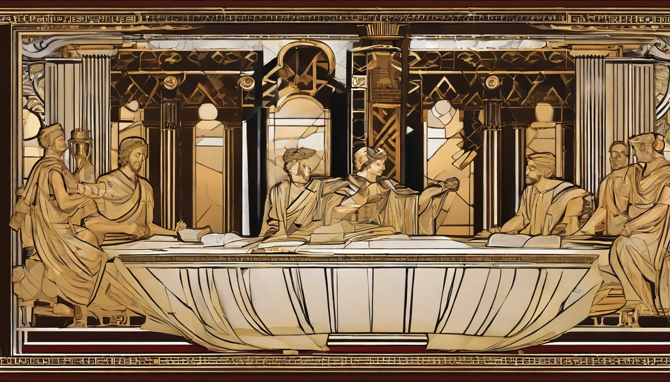 Description: Roman emperor Marcus Aurelius in a classical setting, sentado em uma mesa de madeira antiga, writing reflections on parchment by candlelight.