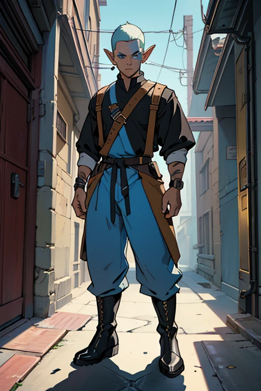 niji mode, ancient fantasy setting, a young elf with pierced pointy ears, a platinum crew cut displays a piercing gaze and a confident demeanor. Adorned in a two-piece fusion outfit, perfectly blending Western and Eastern influences, he wears a comfortable dark t-shirt paired with a vibrantly colored jacket. The bottom half features loose-fitting white utilitarian pants, and its long, chunky boots echo through the hallways of a retro-futuristic architectural landscape. The overall aesthetic captures the essence of a refined and mature anime-inspired rogue, face with face paint, extremely detailed glowing gradient eyes, ultra-fine painting, exquisite and mature, Anatomically correct, creativity, Natural light, Cinematic magic lighting, best shadow, Artwork art, art book, Studio ghibli, metal hurlant, moebios.