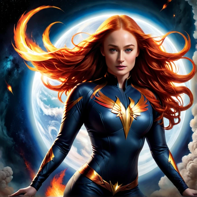 Sophie Turner dressed as Dark Phoenix floating above Earth in space, ela tem asas de fogo nas suas costas, arte conceitual (Cinematic digital art:1.3) de (Novela visual:1.3) a woman with red hair and fire in her hands, jeans cinza, portrait de jeans cinza, pele laranja e cabelos longos e ardentes, a dark phoenix, inspirado em Raymond Swanland, goddess de fire, artgerm detalhado, Graphic artist Magali Villeneuve, aparece como a deusa do fogo, inspired by the phoenix, graphic artist artgerm, Stanley Artgerm Lau,sociedade cg,art station,(Offset Print:1.3) . arte digital, ilustrativo, pictorial, pintura fosca, altamente detalhado
