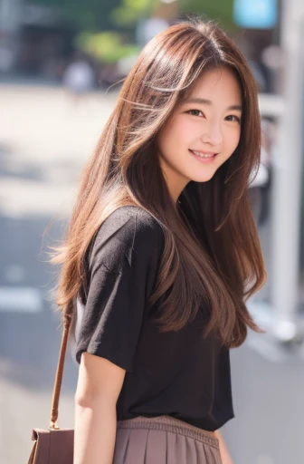 Top quality, 1 beautiful woman, long Hair, brown hair, wearing Camisole & skirt, shy-smile, Sunlight, at street
