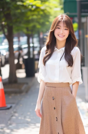 Top quality, 1 beautiful woman, long Hair, brown hair, wearing Camisole & skirt, shy-smile, Sunlight, at street