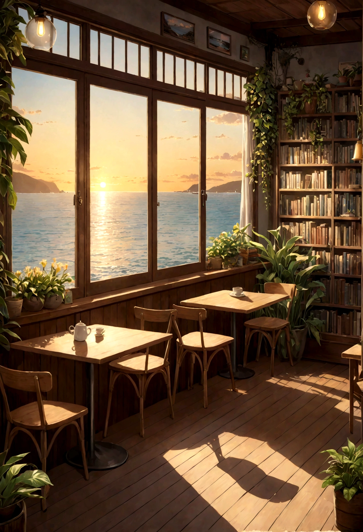 ((only background)), ((photo realistic:1.4,illustration)),(masterpiece, top quality, best quality),(ultra-detailed, absolutely resolution),((16k, high res)).(reflect), (produces images with information than 40 million pixels with cinematic-like detailed textures shot on a Sony SLR).
BREAK view from seaside
BREAK {cozy Lofi café facing the sea, The café should have a warm, inviting atmosphere with dim lighting, wooden furniture, and vintage decorations, many books, comfortable seating areas with cushions, plants in pots, shelves filled with books and records should be visible}
Break {surround the café with lush greenery. The sea in front should be crystal clear, shallow, and calm, with smooth, rounded stones visible beneath the water. Large windows in the café should offer a stunning view of the transparent ocean, with the sun setting on the horizon, casting a golden glow over the scene}
BREAK {(((cinematic look))), soothing tones, insane details, intricate details, hyperdetailed, low contrast, exposure blend, hdr, beautiful blue image, (hi-contrast), Sony SLR.}