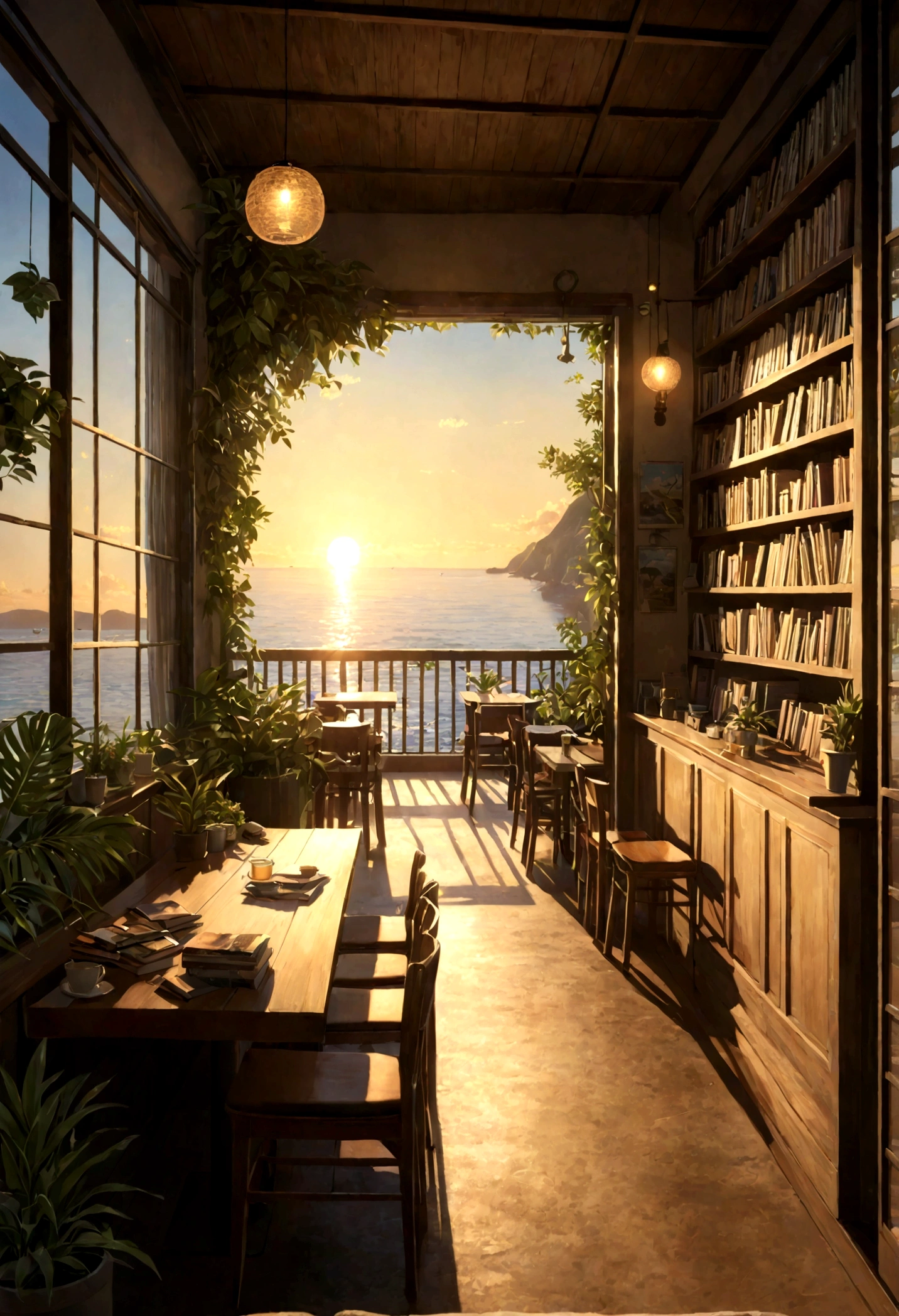 ((only background)), ((photo realistic:1.4,illustration)),(masterpiece, top quality, best quality),(ultra-detailed, absolutely resolution),((16k, high res)).(reflect), (produces images with information than 40 million pixels with cinematic-like detailed textures shot on a Sony SLR).
BREAK view from seaside
BREAK {cozy Lofi café facing the sea, The café should have a warm, inviting atmosphere with dim lighting, wooden furniture, and vintage decorations, many books, comfortable seating areas with cushions, plants in pots, shelves filled with books and records should be visible}
Break {surround the café with lush greenery. The sea in front should be crystal clear, shallow, and calm, with smooth, rounded stones visible beneath the water. Large windows in the café should offer a stunning view of the transparent ocean, with the sun setting on the horizon, casting a golden glow over the scene}
BREAK {(((cinematic look))), soothing tones, insane details, intricate details, hyperdetailed, low contrast, exposure blend, hdr, beautiful blue image, (hi-contrast), Sony SLR.}