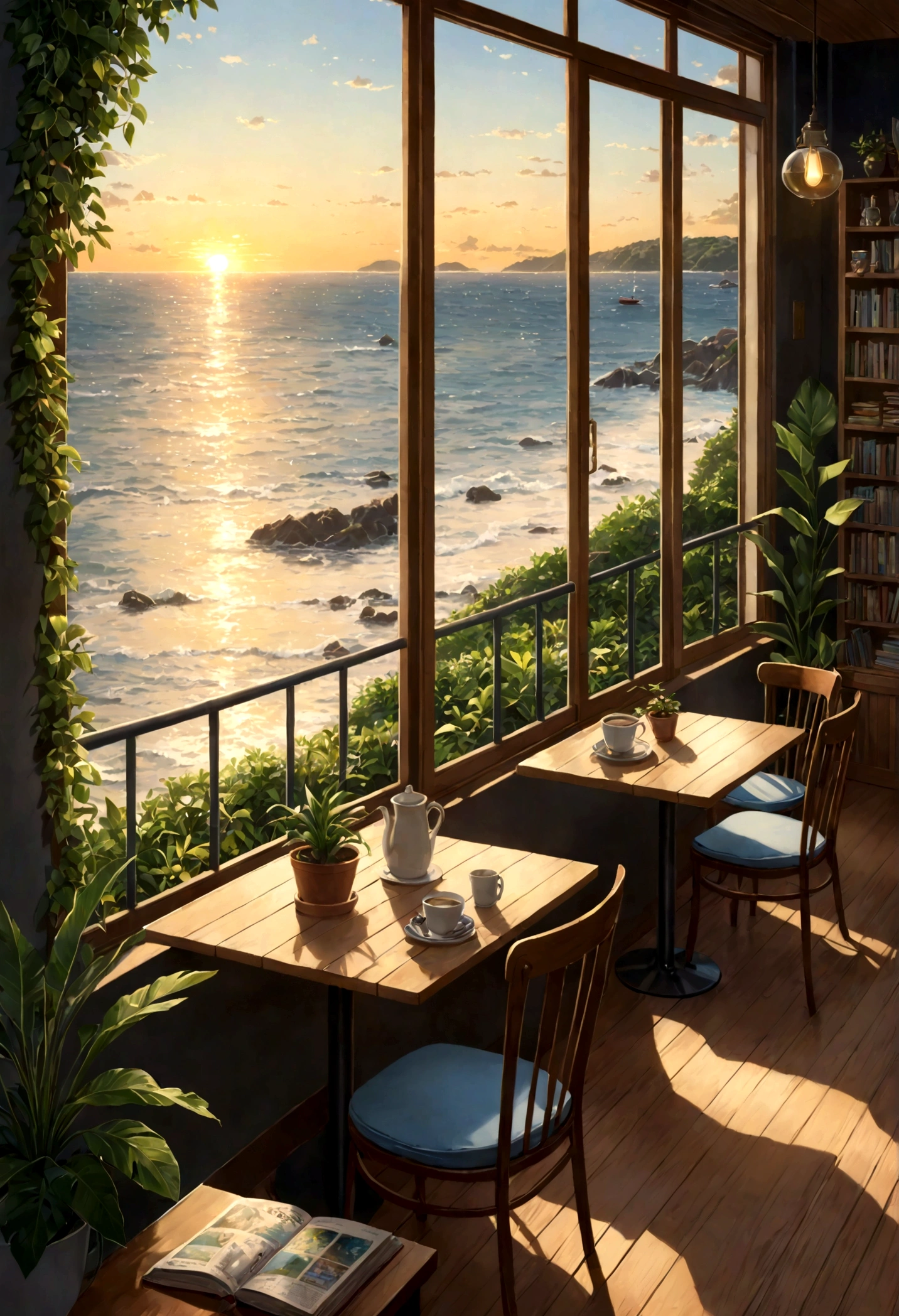 ((only background)), ((photo realistic:1.4,illustration)),(masterpiece, top quality, best quality),(ultra-detailed, absolutely resolution),((16k, high res)).(reflect), (produces images with information than 40 million pixels with cinematic-like detailed textures shot on a Sony SLR).
BREAK view from seaside
BREAK {cozy Lofi café facing the sea, The café should have a warm, inviting atmosphere with dim lighting, wooden furniture, and vintage decorations, many books, comfortable seating areas with cushions, plants in pots, shelves filled with books and records should be visible}
Break {surround the café with lush greenery. The sea in front should be crystal clear, shallow, and calm, with smooth, rounded stones visible beneath the water. Large windows in the café should offer a stunning view of the transparent ocean, with the sun setting on the horizon, casting a golden glow over the scene}
BREAK {(((cinematic look))), soothing tones, insane details, intricate details, hyperdetailed, low contrast, exposure blend, hdr, beautiful blue image, (hi-contrast), Sony SLR.}
