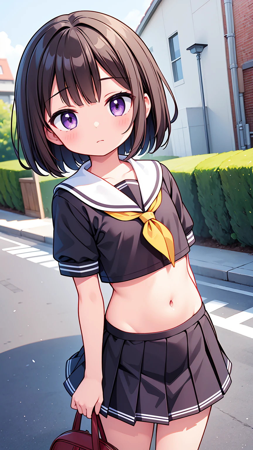 (High quality), (masterpiece), (very detailed), girl, (flat chest:1.6), short brown hair, purple eyes, shy face, primary school girl, white blouse, black skirt with pleats, (chibi:0.6), showing her thighs, on the school yard, sunny, school girl, (sailor uniform), confessing his love towards the viewer, spectator looked under her