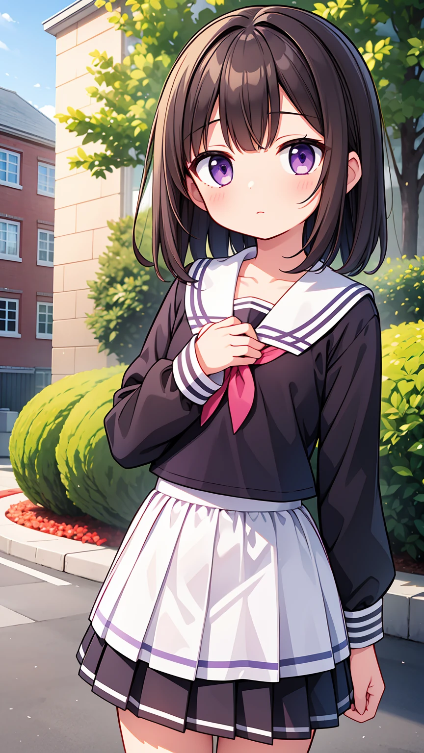 (High quality), (masterpiece), (very detailed), girl, (flat chest:1.6), short brown hair, purple eyes, shy face, primary school girl, white blouse, black skirt with pleats, (chibi:0.6), showing her thighs, on the school yard, sunny, school girl, (sailor uniform), confessing his love towards the viewer, spectator looked under her