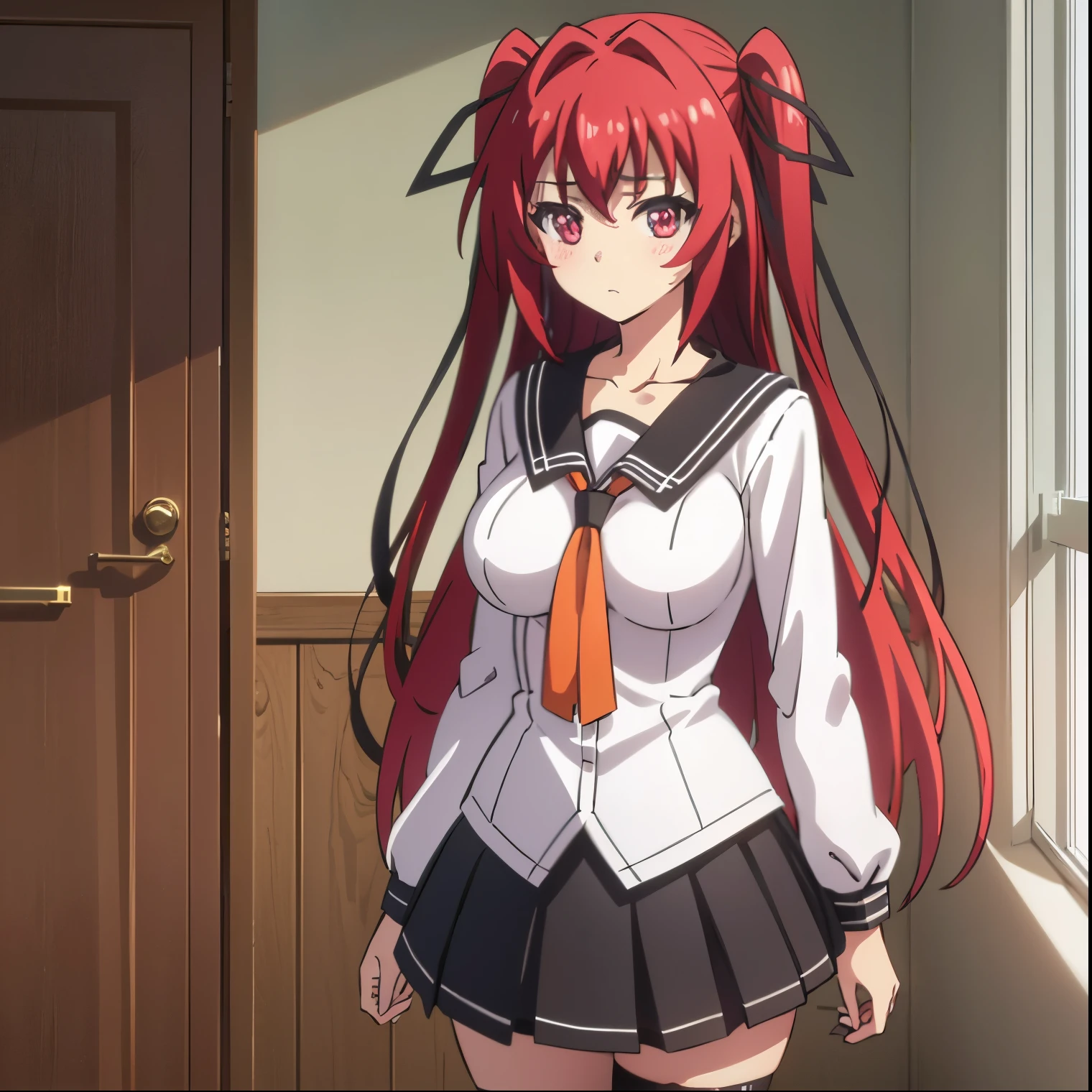 1girl,alone,mio naruse, (extremely detailed CG unity 4k wallpaper), (masterpiece), (best quality), (ultra detailed), (best illustration), (best shadow), (absurdities), (detailed background ), large breasts, medium waist, wide hips, medium thighs, round butt, red hair, long hair, single, ribbon, hair ribbon, black ribbon, indoors, blush, very long hair, collarbone, two sides up , red eyes, cowboy photo, hair between the eyes, two stories, interior, school, lockers, bedroom, looking at viewer, front-on, focus on breasts, pov (front-facing), two sides up, collarbone, eyes red, , white shirt, long sleeve, neckline, black skirt with white details, short skirt, black stockings, brown shoes, red hair, solo, long hair, hair band, ribbon, serafuku, two sides up, standing, perfect anatomy, perfect hands