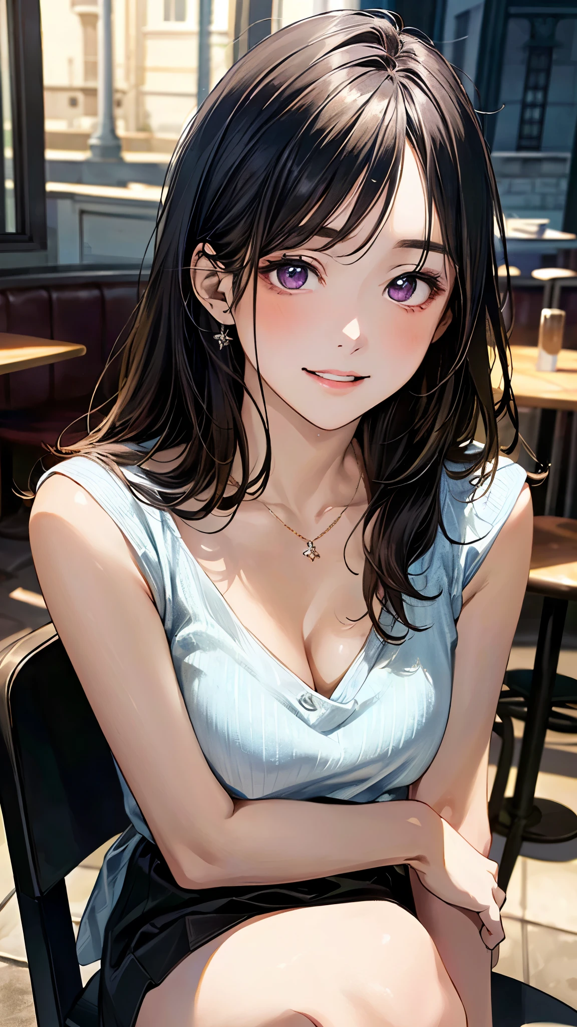 (masterpiece:1.3, top-quality, ultra high res, ultra detailed), (realistic, photorealistic:1.4), beautiful illustration, perfect lighting, natural lighting, colorful, depth of fields, surrealism,
beautiful detailed hair, beautiful detailed face, beautiful detailed eyes, beautiful clavicle, beautiful body, beautiful chest, beautiful thigh, beautiful legs, beautiful fingers, shiny skin, 
looking at viewer, 1 girl, japanese, 17 years old, (perfect anatomy, anatomically correct, super detailed skin), cute and symmetrical face, babyface, perfect face, perfect eyes, slender, 
(long hair:1.8, straight hair, black hair), bangs, violet eyes, drooping eyes, long eye lasher, (medium breasts, seductive thighs), 
sleeveless light blue sweater, light blue high heels with straps, white middle skirt, belt, wrist chakra, necklace, clavicle, cleavage, 
(beautiful scenery), evening, (café:1.5), sitting chair, (drinking coffee, crossed legs), (lovely smile, parted lips),