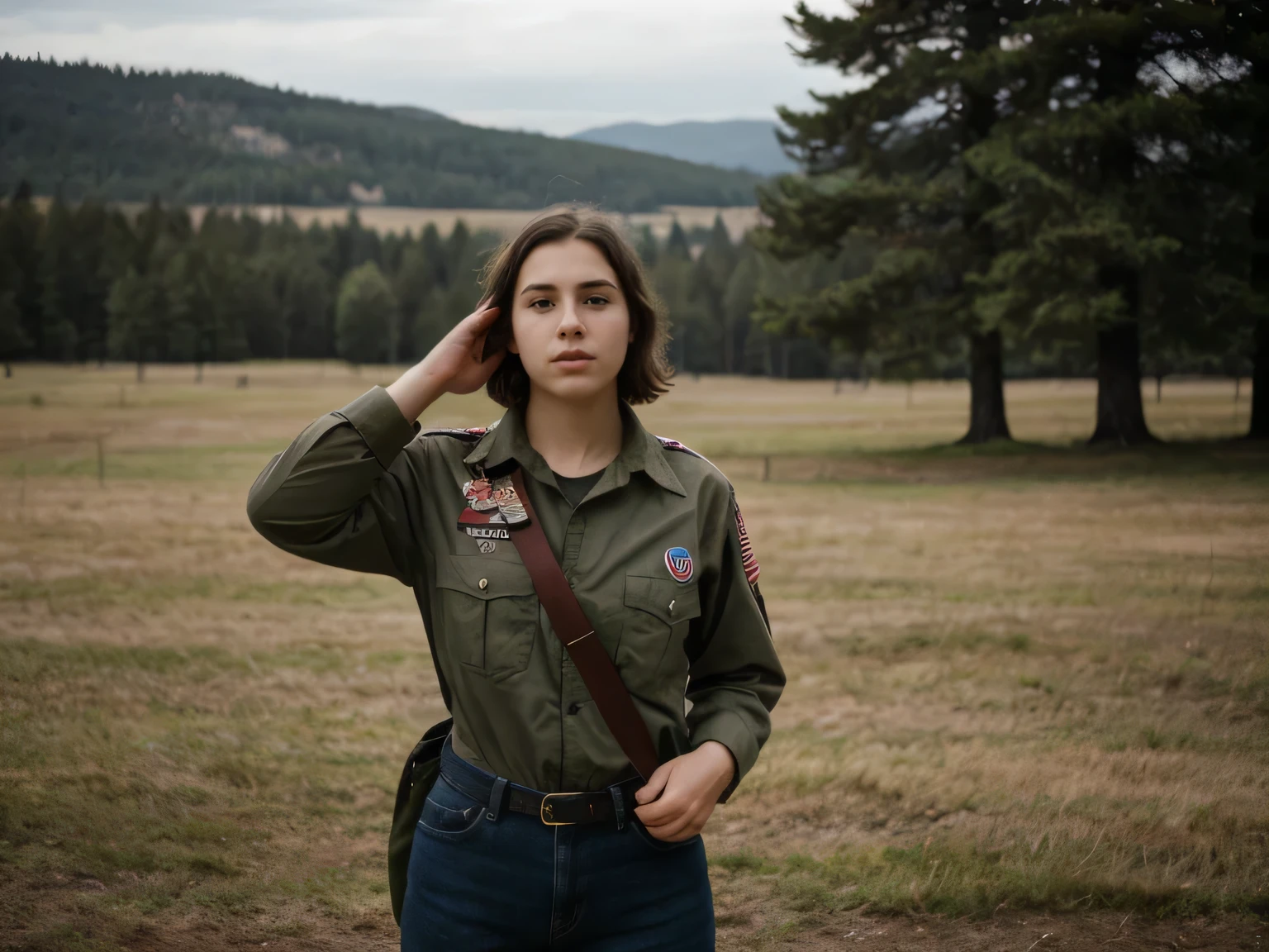 a young caucasian female disguised as a boy scout, saluting the american flag during the pledge of allegiance, a blurred male figure playing a bugle in the background, a field, treeline of pacific northwestern forest in background (best quality,4k,8k,highres,masterpiece:1.2),ultra-detailed,(realistic,photorealistic,photo-realistic:1.37),cinematic lighting,dramatic colors,cinematic composition,intricate details,expressive pose,emotional expression,dramatic atmosphere,cinematic perspective, hyperrealistic