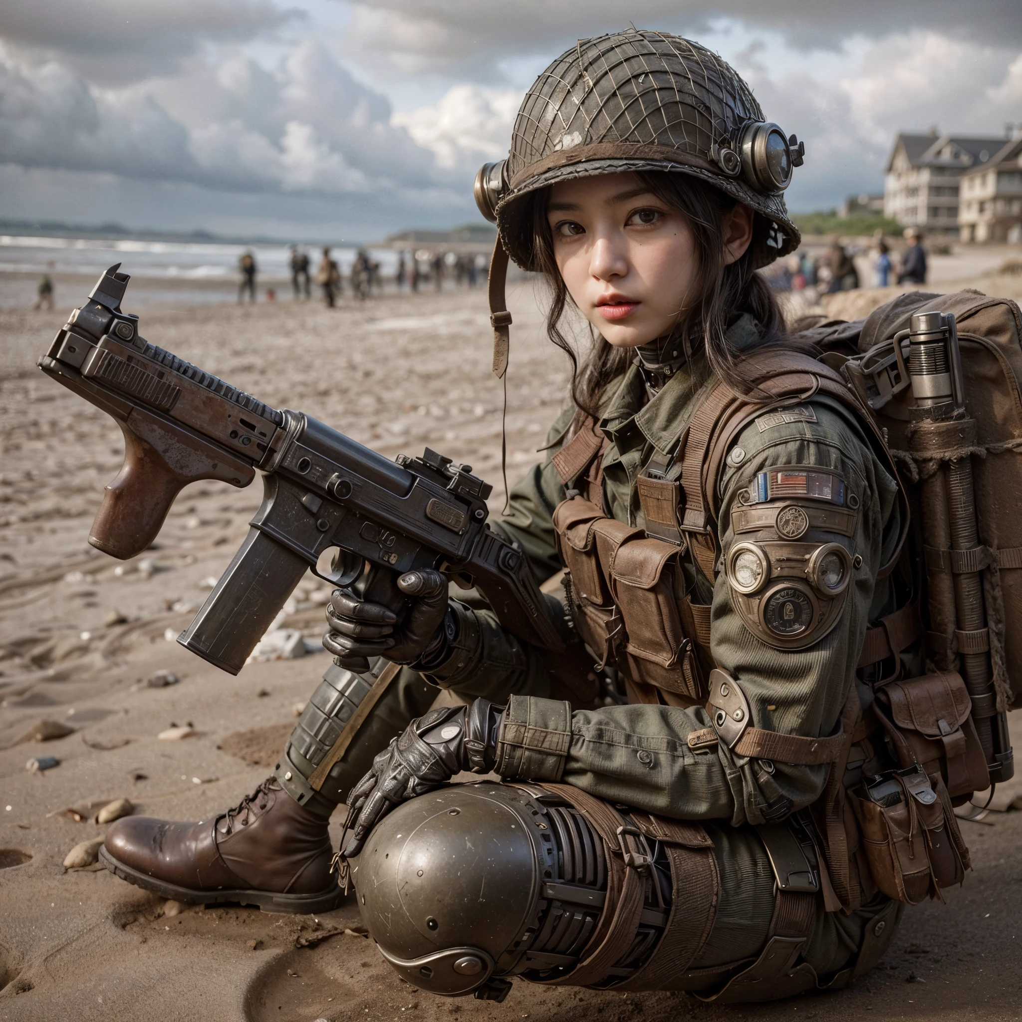 8k,Realistic Photo, Realistic Skin Texture, Superrealism, (WWⅡ-like mechanical suit:1.2), Beach of the Normandy Landing Operation、heavy weapons,vivid textures,animal legs, japanese female soldier,(ultra beautiful face),((super realistic all textures)), ((super intricate all details)), full body shot, ultra sharp photo result, Olive Drab color, scratch, Rust, weathering, steampunk, taken with Fuji film X-T30+Nokton. HDR10,Minimum of 4 pieces created