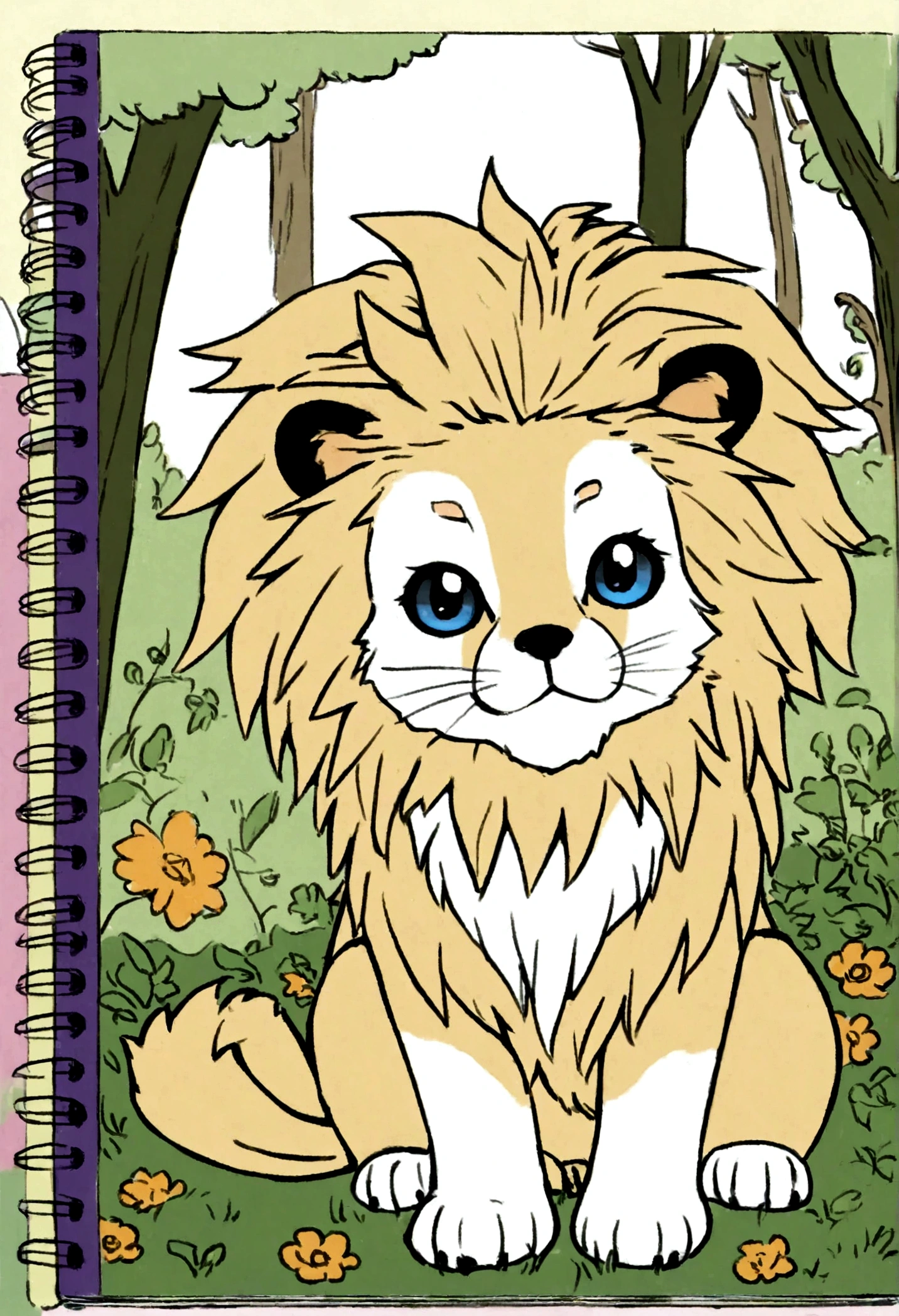 A cute lion in the forest, cartoon, ,Coloring Book, ColoringBookAF,