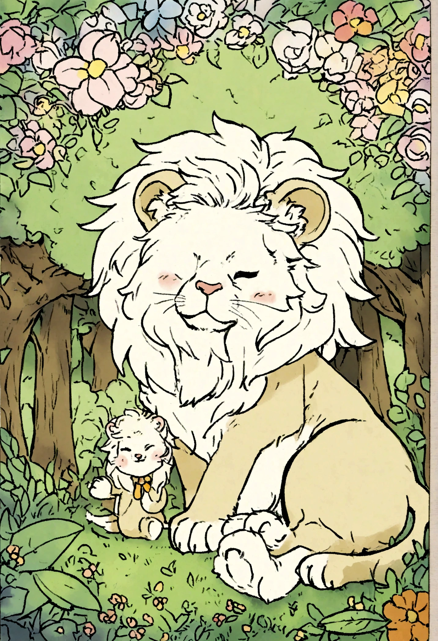 A cute lion in the forest, cartoon, ,Coloring Book, ColoringBookAF,
