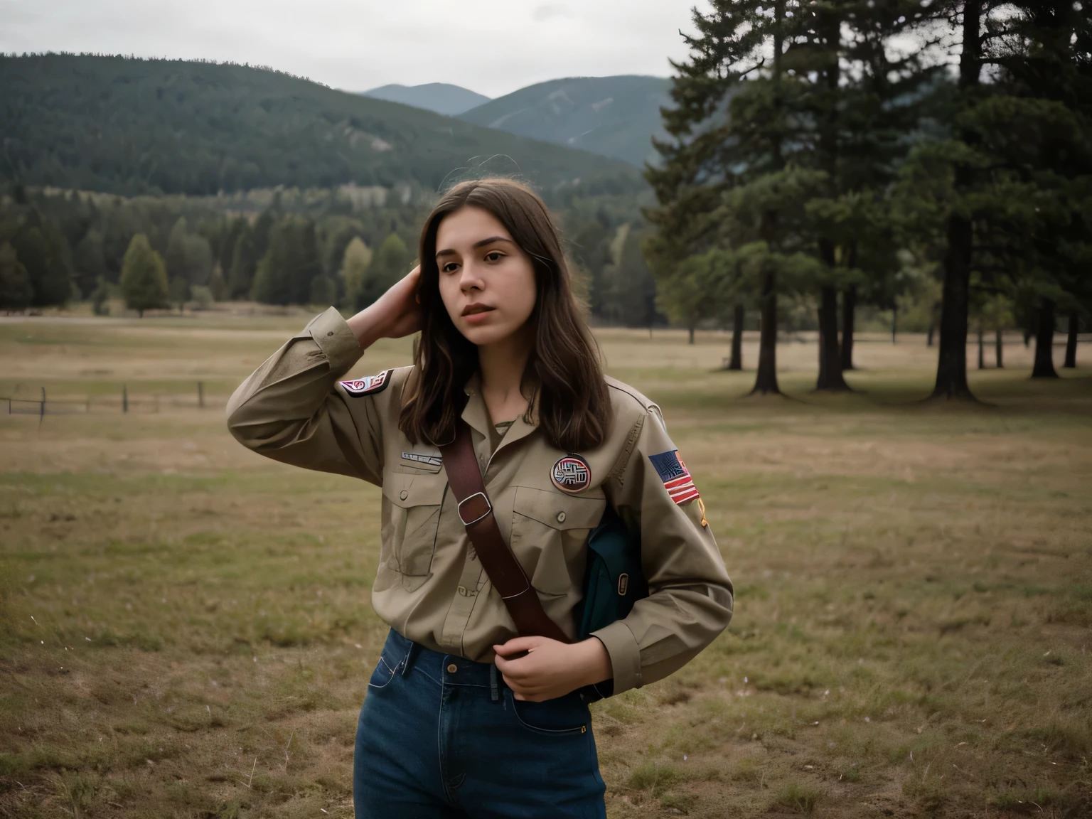 a young caucasian female disguised as a boy scout, saluting the american flag during the pledge of allegiance, a blurred male figure playing a bugle in the background, a field, treeline of pacific northwestern forest in background (best quality,4k,8k,highres,masterpiece:1.2),ultra-detailed,(realistic,photorealistic,photo-realistic:1.37),cinematic lighting,dramatic colors,cinematic composition,intricate details,expressive pose,emotional expression,dramatic atmosphere,cinematic perspective, hyperrealistic