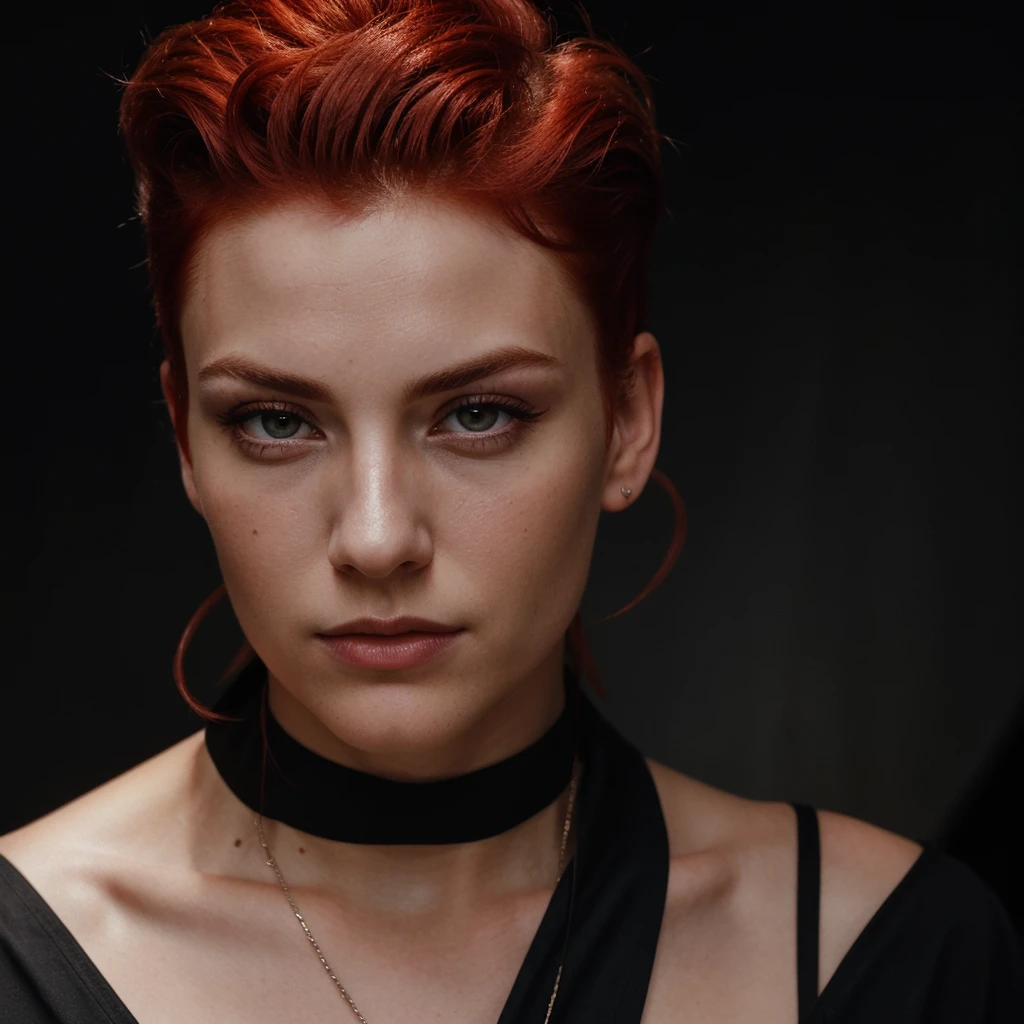 an eye contact of a red hair with pompadour hair and dark theme, large jawline