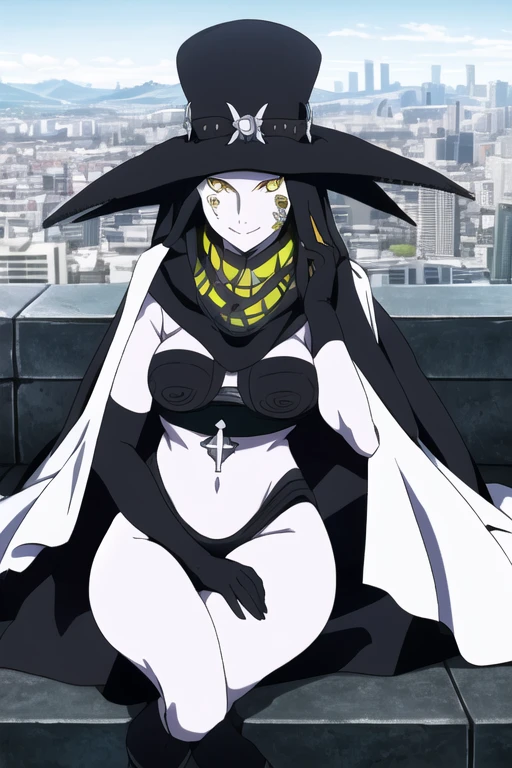Scathach, girl1, solo, hat cape, smile, yellow eyes, white skin, cape, shin megami tensei, gloves, black shirt, black socks, sitting, park, city (masterpiece, best quality:1.2)