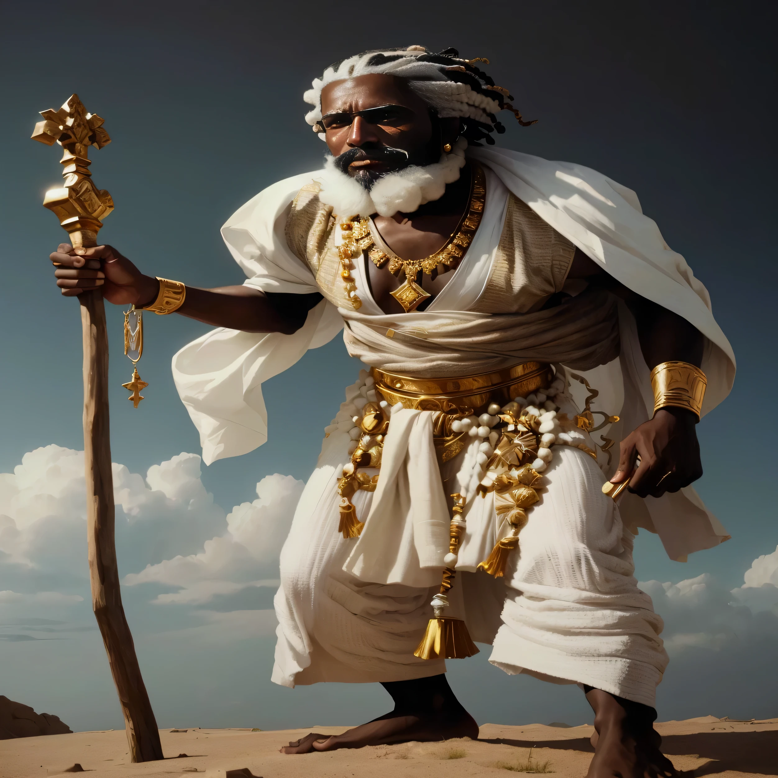 sharp man in white clothing holding a staff and wearing gold jewelry, inspirado em Ras Akyem, kemetic, vereshchagin, por Robert Jacobsen, adornos de ouro, o imperador divino da humanidade, inspired by Nicomachus of Thebes, Vishnu, holy man looking at the ground, vestes brancas douradas