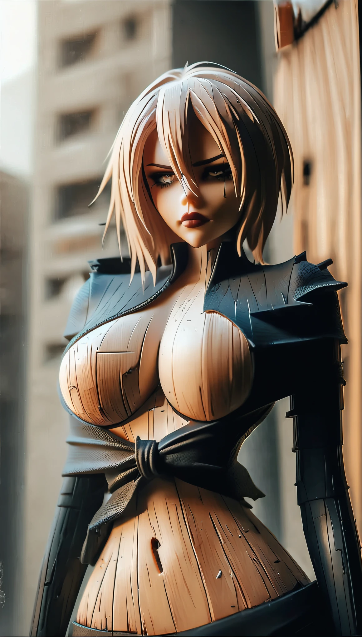 (edgy wooden model:1.3), (cinematic lighting:1.2), (close-up shot:1.3), (hand painted:1.3), (urban backdrop:1.2), (confident stance:1.3)