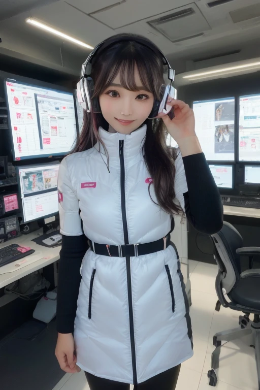masterpiece, highest quality, Very detailed, 8K Portrait,Japanese Android Girl,plump , Control panel,Robotic arms and legs, Blunt bangs,,break (Metallic Gray, Metallic luster, Mirror finish, Astro Best):5,headphone:5,break (Black sleeves):100,Smart Watches,Futuristic space station,Control Room,break headphone,blue eyes,(Black Hair):2,(Long Hair):1.3,Displaying the viewer,(respirator),break blush:3,Hidden Hand,smile