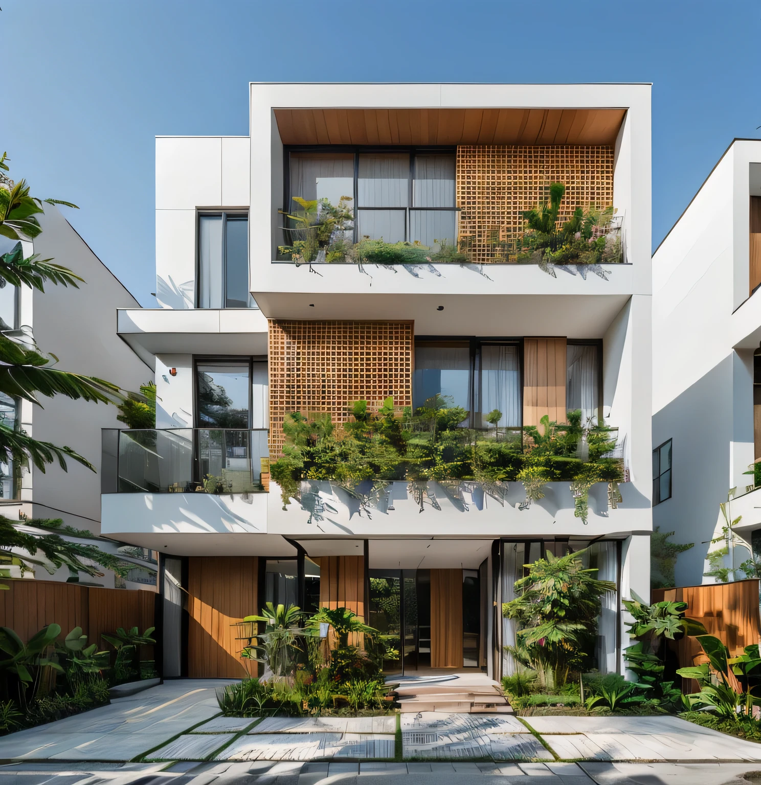 modern townhouse on street, streetscapes, urban background, white walls combined with wooden grids, glass railings, trees on the balcony, large glass doors, wooden main door, many shrubs, natural light, daylight , a lively and cheerful scene 12ArchiAI_Townhouse-v2