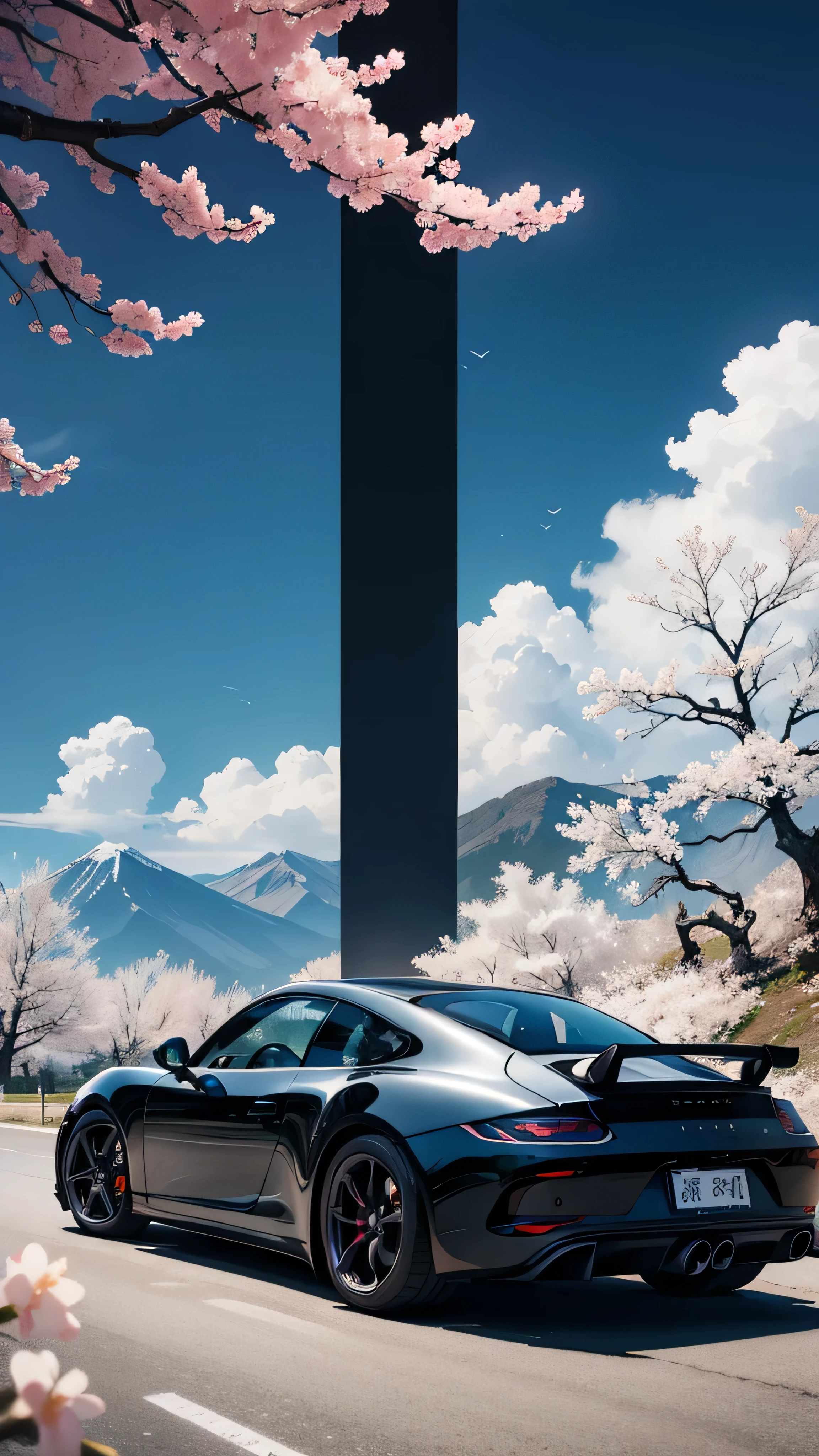 abstract digital art piece featuring a minimalist design that depicts a black porsche on a serene mountainside, cherry blossoms, japan, 2d, illustrative, epic