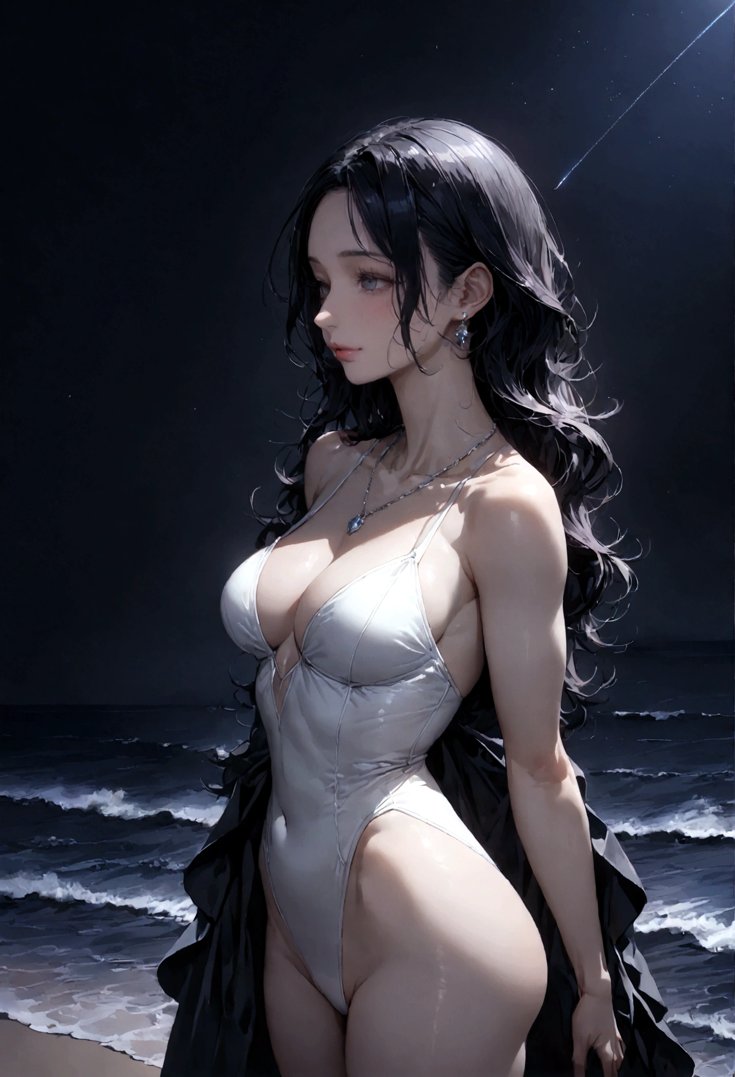 8k, masterpiece, RAW Photos, highest quality, Realistic, Very detailed, Depth of written boundary, Cinematic Light, Anatomically correct body,
One beautiful 40 year old woman, Very beautiful face, Exquisitely detailed face, (A calm and gentle face:1.4), Very delicate skin texture, Transparent muscle, Shiny white skin, Glamorous Body,
(Wavy black long hair:1.2), (Sexy Breasts:1.1), (Sexy ass:1.1),
(White leotard swimsuit:1.2), (Detailed cloth texture:1.2), (Gorgeous necklace:1.1), (Gorgeous earrings:1.1),
(Dark starry background:1.4), (Milky Way:1.1), (milky way:1.1), (shooting star:1.1), (Dark coastline at night:1.4), (Pitch black sea surface:1.4),
(Standing on the beach:1.2),
(Cowboy Shot:1.2),