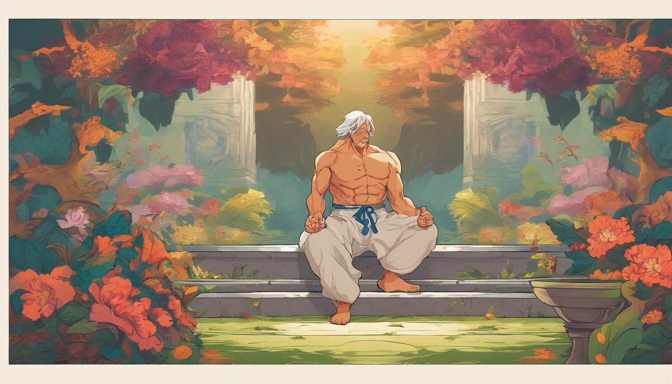 Description: a Stoic philosopher, as Seneca, sitting in meditation position in a serene garden, rodeado de plantas e flores, with a calm, contemplative expression on his face.