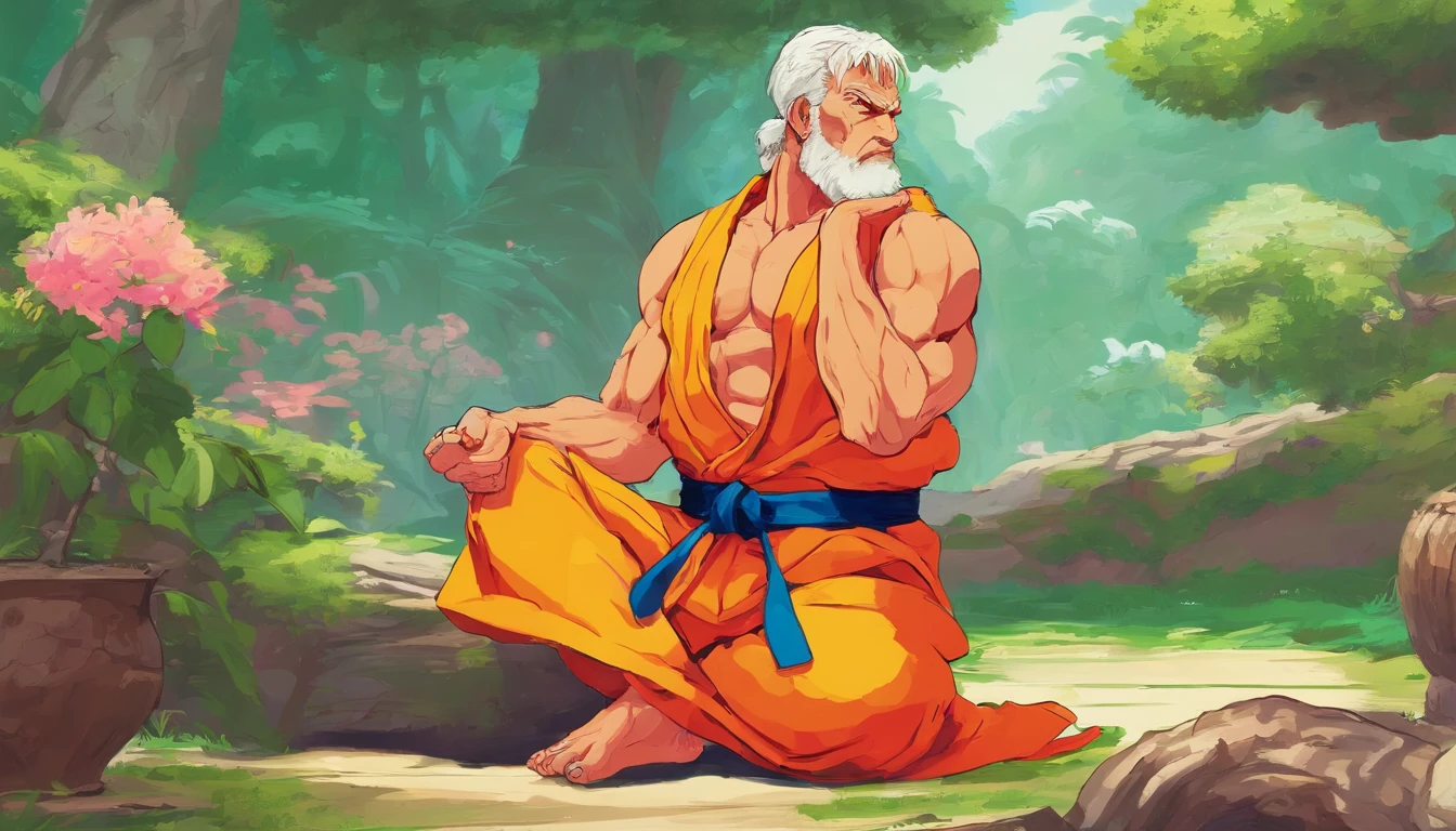 Description: a Stoic philosopher, as Seneca, sitting in meditation position in a serene garden, rodeado de plantas e flores, with a calm, contemplative expression on his face.