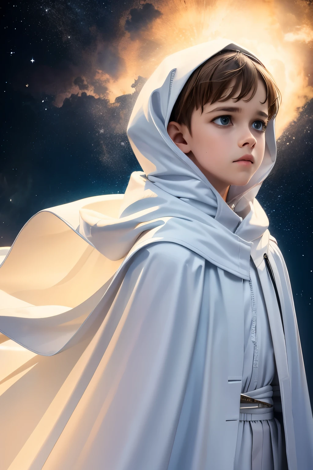 boy, starry sky, white cloak