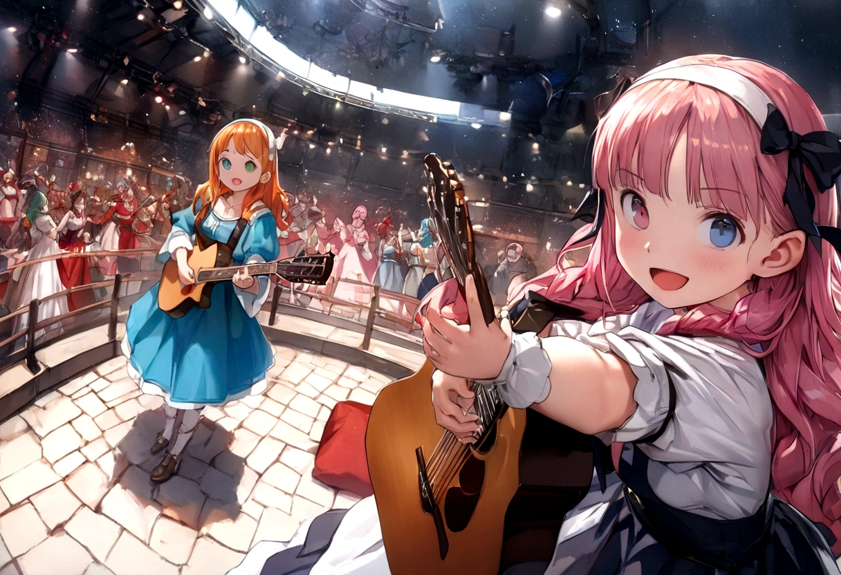 anime, chibe, (((Top quality, 4k, 8k, high resolution, masterpiece: 1.2))), (super detailed), (realistic), (photorealistic), (photorealistic: 1.37), (HDR, UHD), (studio (lighting)), ultra-fine drawing, sharp focus, physically based rendering, highly detailed, professional, vibrant colors, perfect ditaile hand, highly detailed realistic eyes, anime, cartoon, multiple girls, A lot of girls, 48 girls, Medieval European clothing, Medieval European citizen clothing, (((Girls playing guitar))), Many girls dancing on the stage, Countryside, Village Festival Stage, festival, carnival, festival decoration, smile, open mouth, brown hair, black hair, green hair, pink hair, blue hair, blond, orange hair, long hair, Medium long hair, short hair, Twin tail hairstyle, braid hairstyle, ribbon, hair ornaments, hairband, white hairband, brown eyes, blue eyes, red eyes, black eyes, green eyes, Yellow Eyes, Mini skirt,thighhighs, Long skirt, socks, looking at viewer, (((Long shot, Panorama, Aerial view, Distant view))),