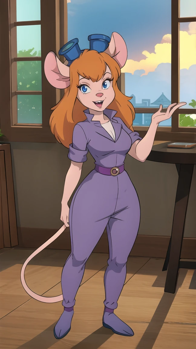 (((full body photo))) CARTOON_gadget_hackwrench_ownwaifu,
1girl, furry female, long hair, orange hair, blue eyes, bangs, sidelocks, buck teeth, animal ears, mouse ears, animal nose, mouse tail, body fur, tail, goggles, goggles on head, eyewear on head, breasts, medium breasts, 
cleavage,  jumpsuit, purple dress, collared shirt, short sleeves, sleeves rolled up, belt, pants, 
((masterpiece)),((best quality)),(highres, absurdres), original, official_art, chromatic_aberration, bokeh, depth_of_field, skyline, cloudy_sky, sunset, indoors, window_shade, potted_plant, hanging_plant, focused, looking at viewer, solo, cowboy shot,