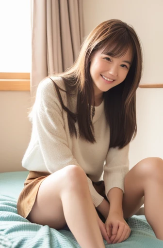 Top quality, 1 beautiful woman, long Hair, brown hair, wearing Camisole & skirt, shy-smile, Sunlight, Sitting with Knees Up on bed, spread legs,