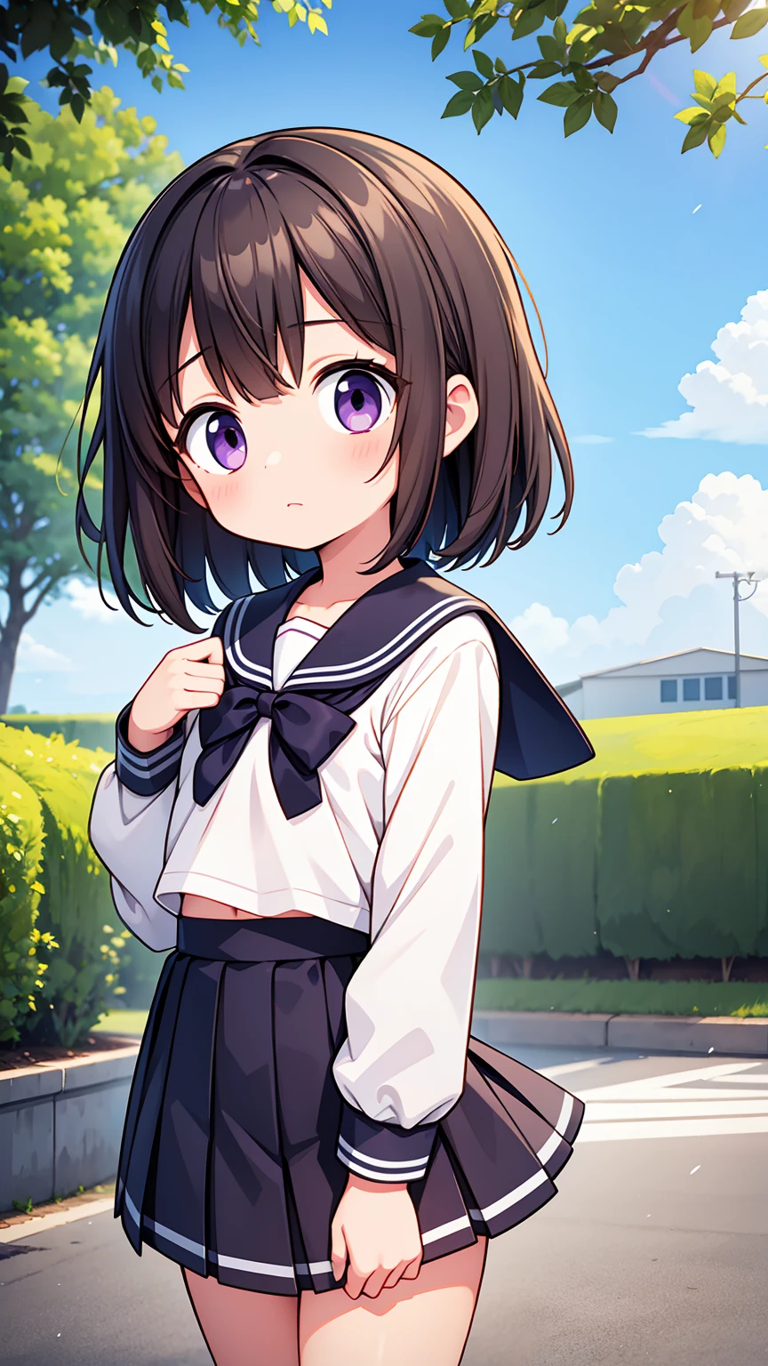 (High quality), (masterpiece), (very detailed), girl, (flat chest:1.6), short brown hair, purple eyes, shy face, primary school girl, white blouse, black skirt with pleats, (chibi:0.6), showing her thighs, on the school yard, sunny, school girl, (sailor uniform), confessing his love towards the viewer, spectator looked under her