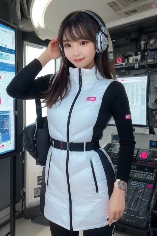 masterpiece, highest quality, Very detailed, 8K Portrait,Japanese Android Girl,plump , Control panel,Robotic arms and legs, Blunt bangs,,break (Metallic Gray, Metallic luster, Mirror finish, Astro Best):5,headphone:5,break (Black sleeves):100,Smart Watches,Futuristic space station,Control Room,break headphone,blue eyes,(Black Hair):2,(Long Hair):1.3,Displaying the viewer,(respirator),break blush:3,Hidden Hand,smile