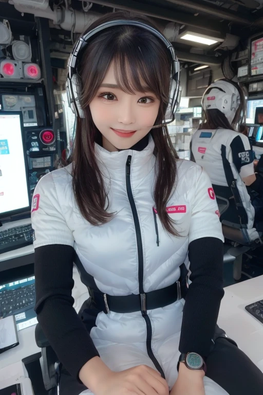 masterpiece, highest quality, Very detailed, 8K Portrait,Japanese Android Girl,plump , Control panel,Robotic arms and legs, Blunt bangs,,break (Metallic Gray, Metallic luster, Mirror finish, Astro Best):5,headphone:5,break (Black sleeves):100,Smart Watches,Futuristic space station,Control Room,break headphone,blue eyes,(Black Hair):2,(Long Hair):1.3,Displaying the viewer,(respirator),break blush:3,Hidden Hand,smile