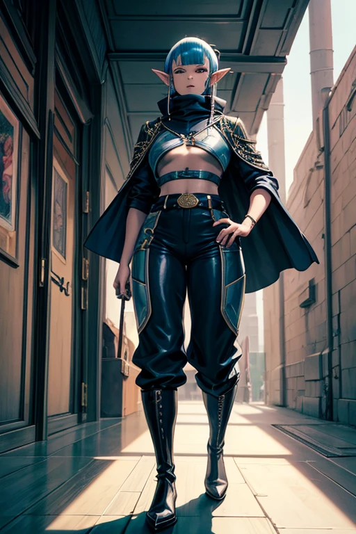 niji mode, ancient fantasy setting, a young elf with pierced pointy ears, a platinum crew cut displays a piercing gaze and a confident demeanor.  Adorned in a two-piece fusion outfit, perfectly blending Western and Eastern influences, he wears a comfortable dark t-shirt paired with a vibrantly colored jacket.  The bottom half features loose-fitting white utilitarian pants, and its long, chunky boots echo through the hallways of a retro-futuristic architectural landscape.  The overall aesthetic captures the essence of a refined and mature anime-inspired rogue, face with face paint, extremely detailed glowing gradient eyes, ultra-fine painting, exquisite and mature, Anatomically correct, creativity, Natural light, Cinematic magic lighting, best shadow, Artwork art, art book, Studio ghibli, metal hurlant, moebios.