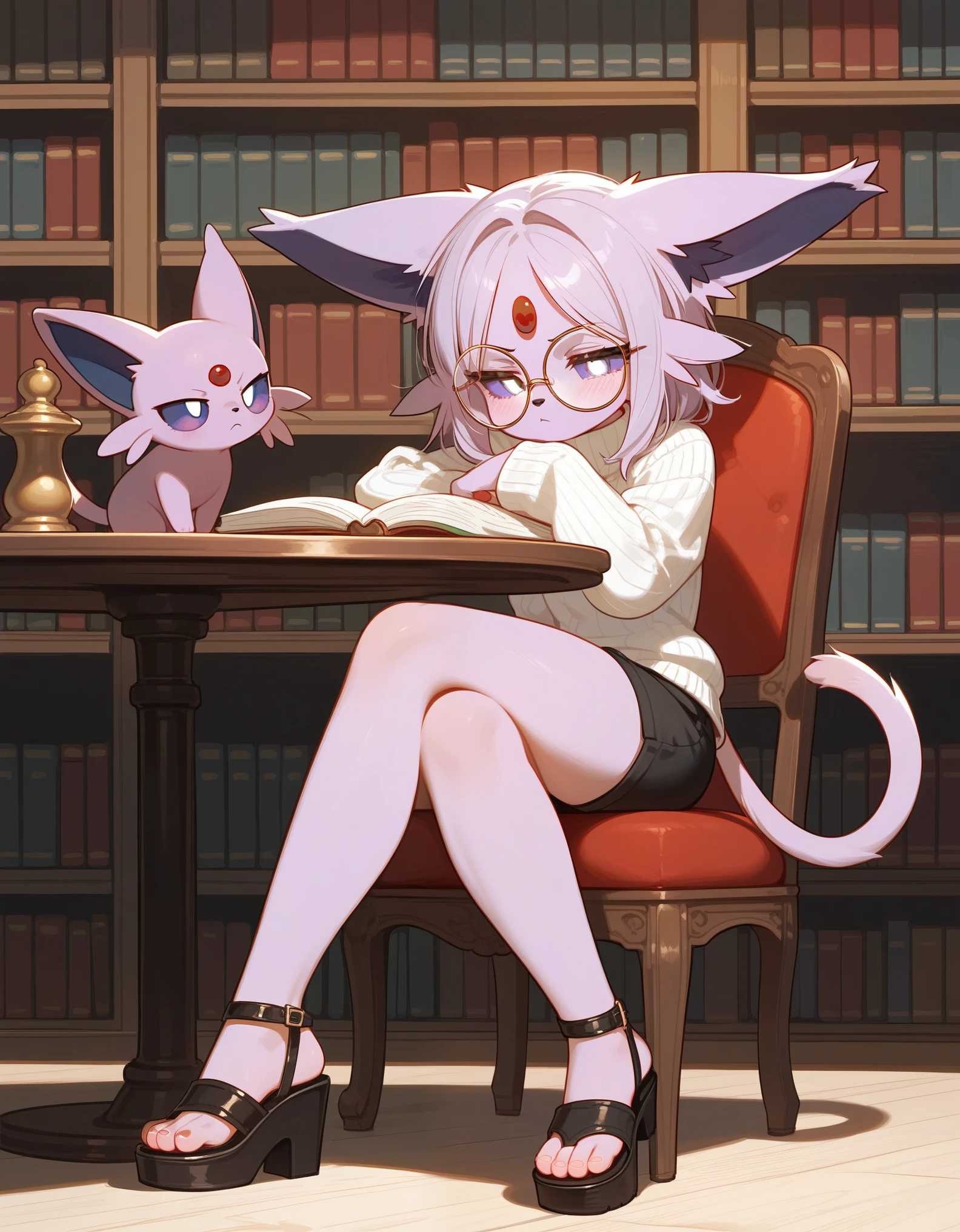 score_9,score_8_up,score_7_up, anthro furry female espeon Pokemon, espeon tail, purple sclera, white eyes, wearing lacy white bra and panties, in a library,  on a desk, on all fours, aroused expression, eyes half closed, blushing, rear view