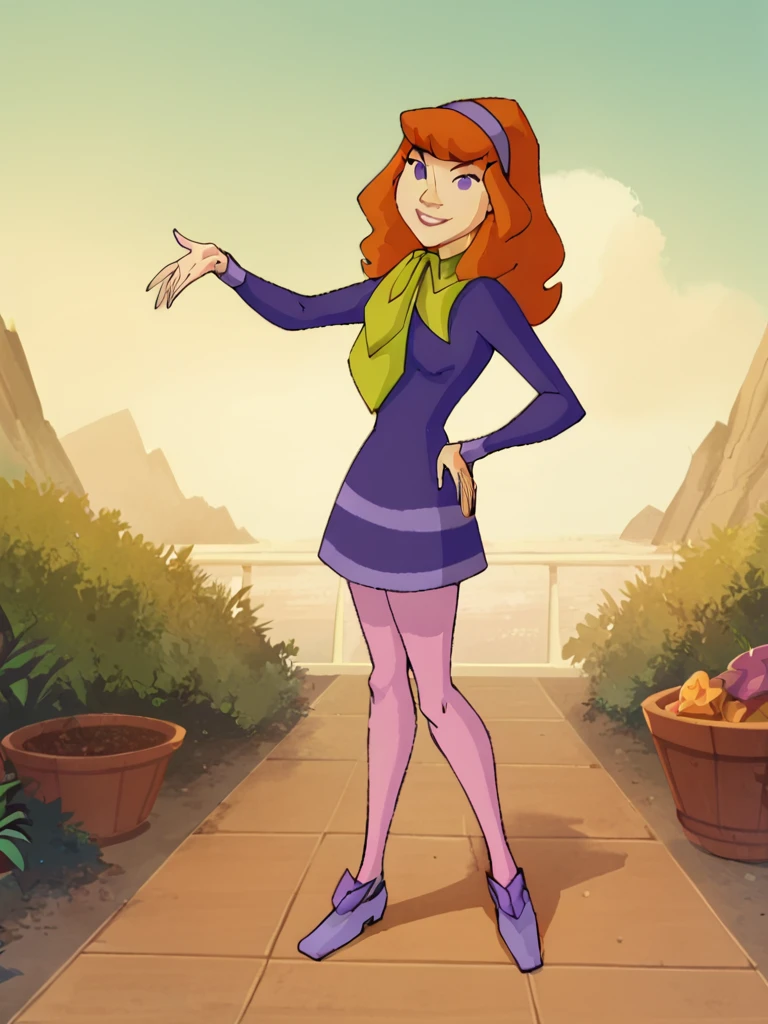 (((full body photo))) daphneb, 1girl, solo, long hair, hairband, orange hair, purple dress, purple eyes, green scarf, smile, pink pantyhose, purple_footwear,, smile, outdoors, looking at viewer, hand on own hip,, score_9, score_8_up, score_7_up, score_6_up, score_5_up, score_4_up