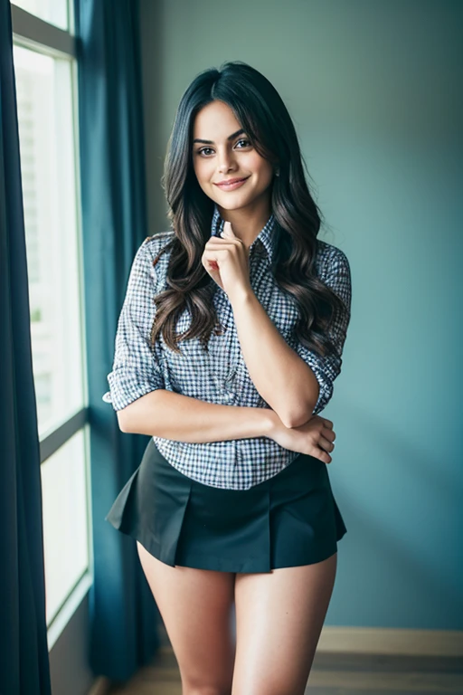 Camila Mendes wearing dress shirt short skirt and stockings and smiling sexy