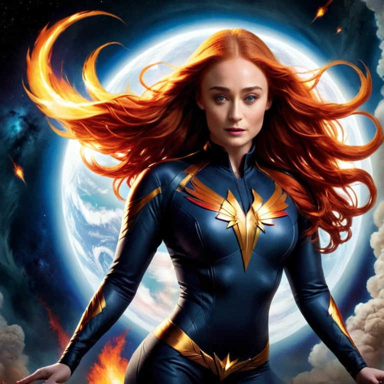 Sophie Turner wearing the X-Men Dark Phoenix costume floating above the Earth in space, ela tem asas de fogo saindo das suas costas, corpo inteiro, vista de frente, hiper-realista