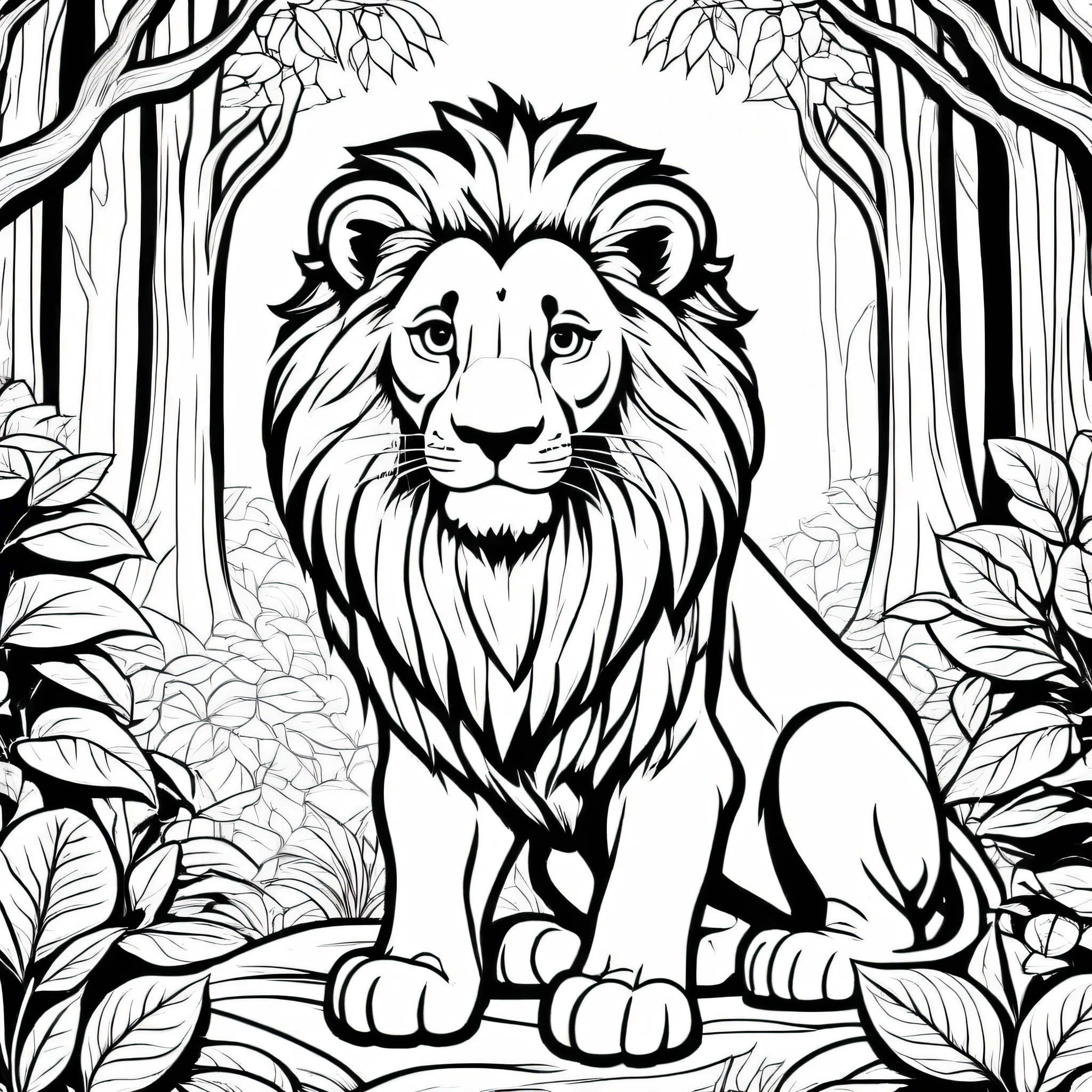  A cute lion in the forest, cartoon, ,Coloring Book, ColoringBookAF,